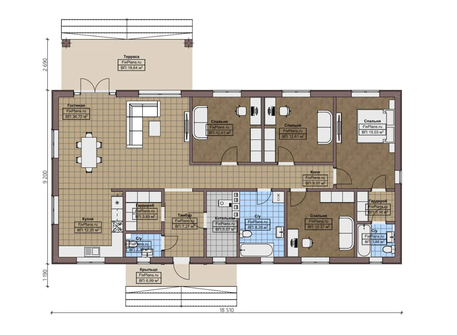 F-1970 - План одноэтажного дома 10 на 19, площадью 170 м² с террасой и 4 спальнями