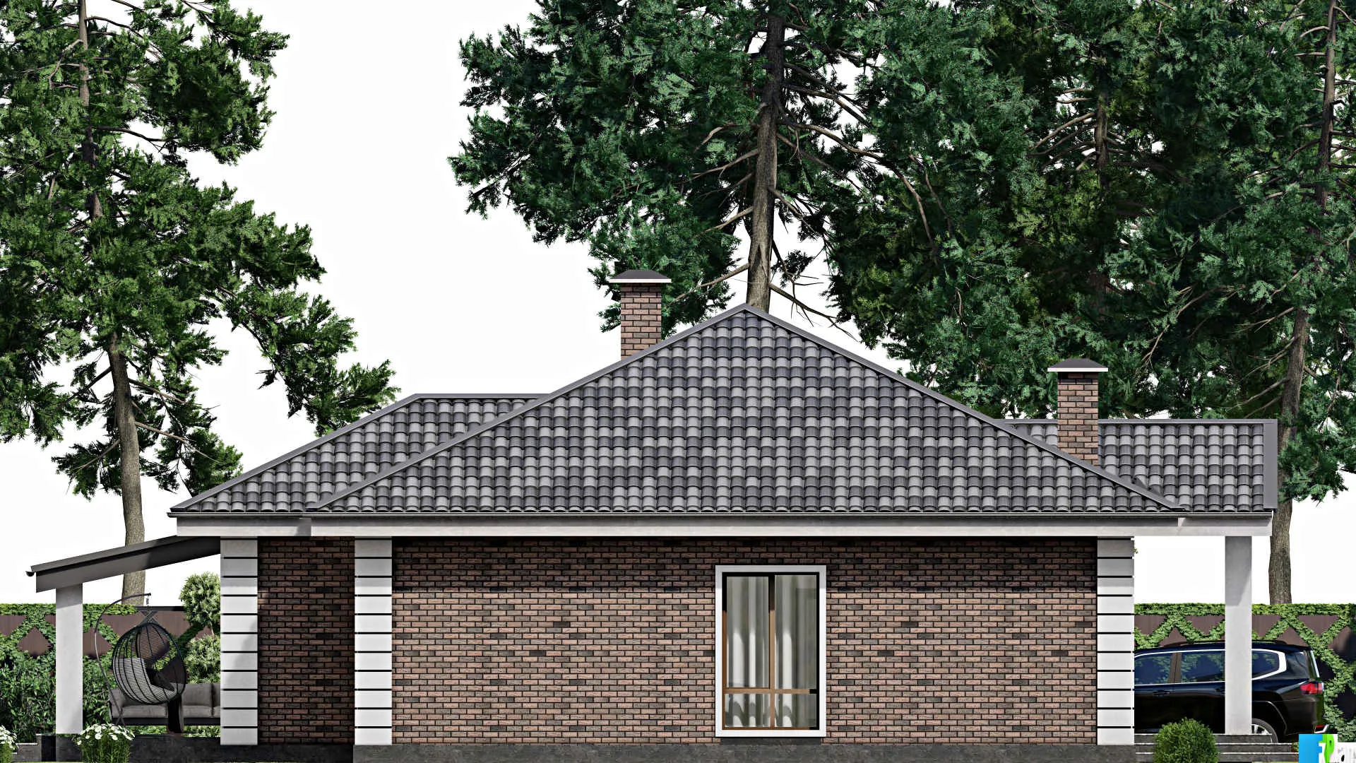 F-9971 - Проект одноэтажного дома 16 на 18, площадью 200 м² с террасой и 4 спальнями