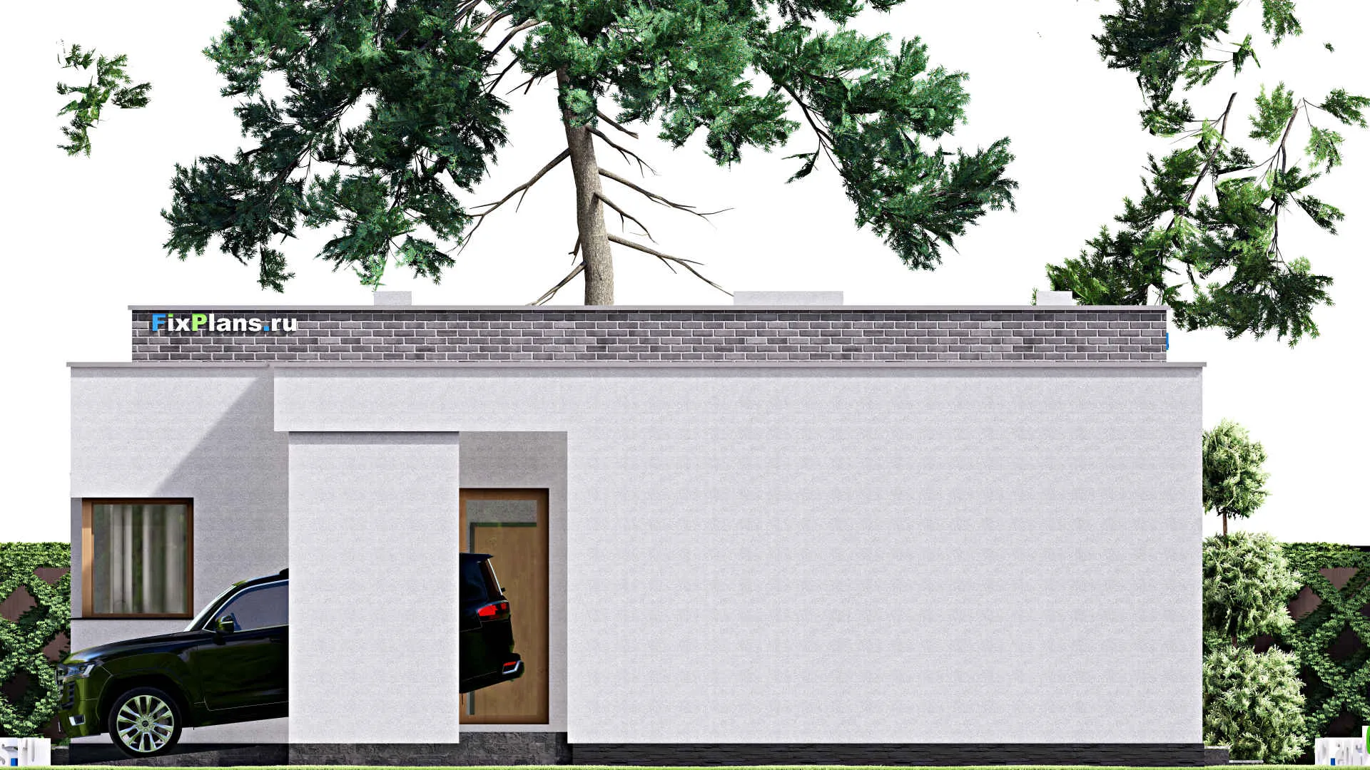 F-16649 - Проект одноэтажного дома 12 на 27, площадью 250 м² с террасой, гаражом на 2 машины и 3 спальнями