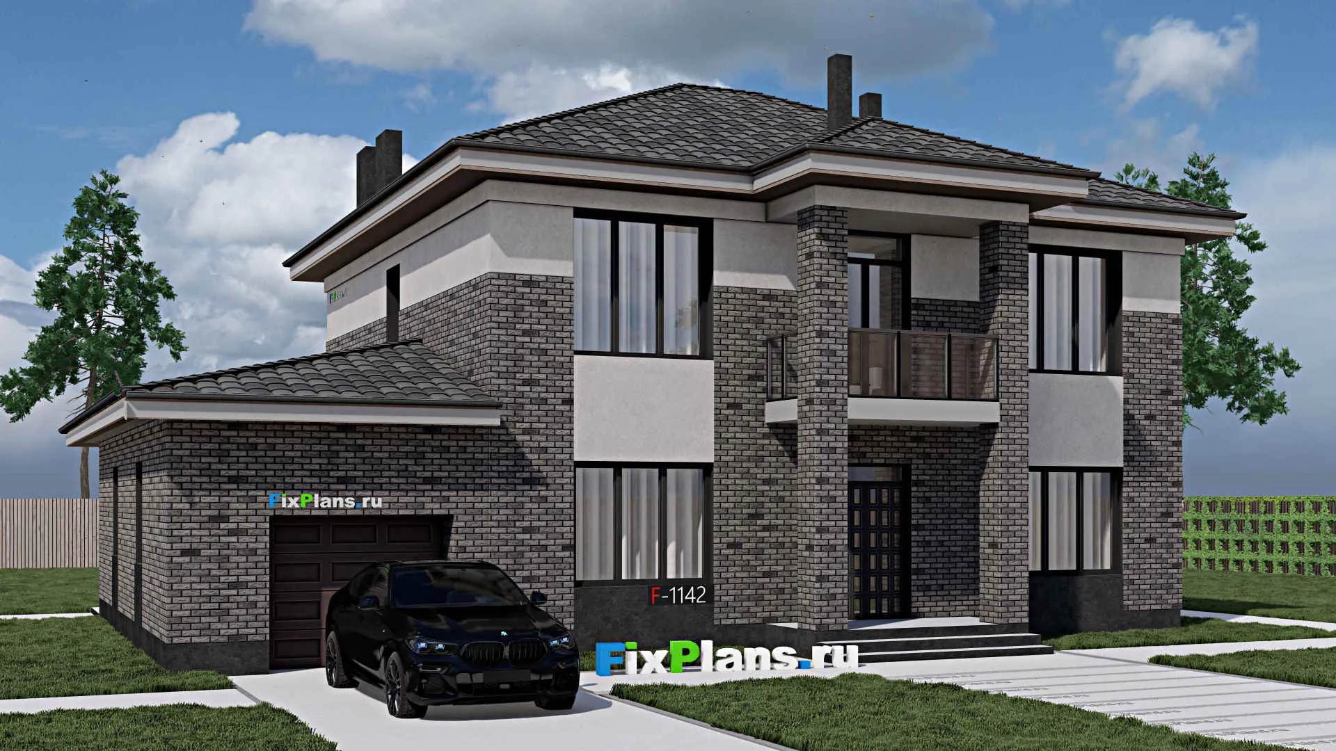 F-1142 - Проект двухэтажного дома 11 на 17, площадью 270 м² с террасой, балконом, гаражом на 1 машину и 4 спальнями