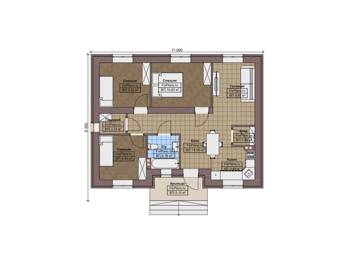 F-10961 - План одноэтажного дома 10 на 11, площадью 80 м² с 3 спальнями