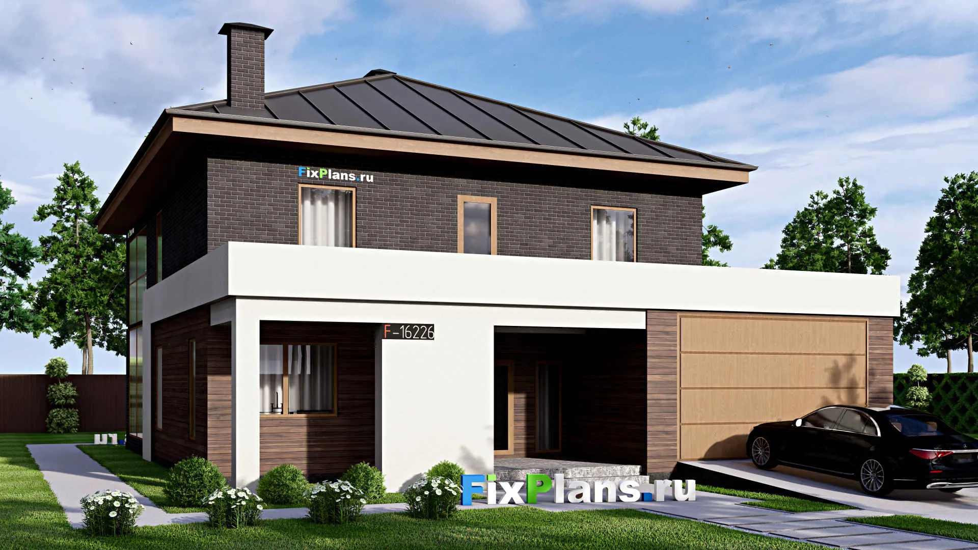 F-16226 - Проект двухэтажного дома 15 на 19, площадью 380 м² с террасой, балконом, гаражом на 1 машину, спортзалом и 3 спальнями