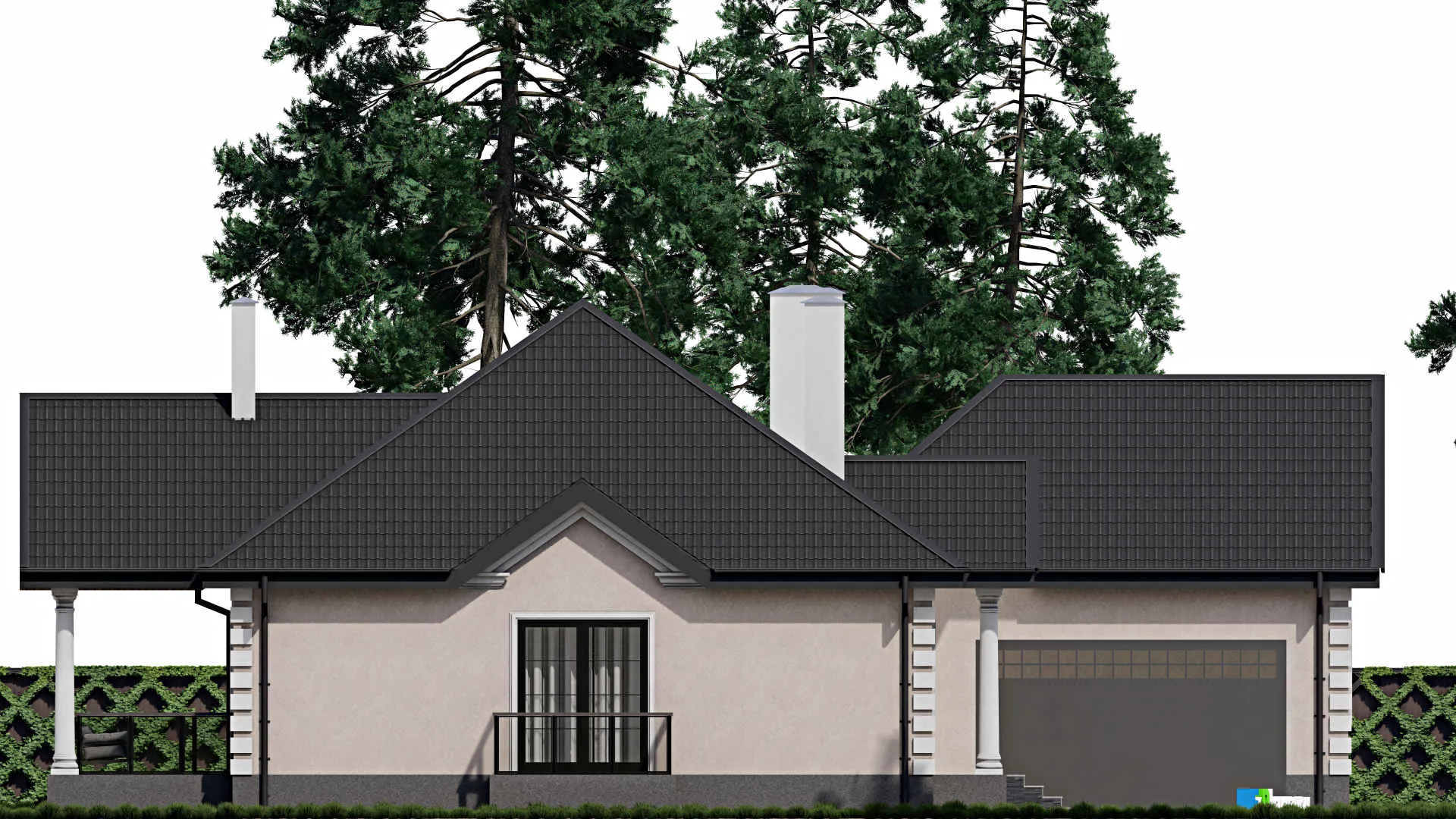 F-0179 - Проект одноэтажного дома 18 на 21, площадью 280 м² с террасой, гаражом на 2 машины и 1 спальнями