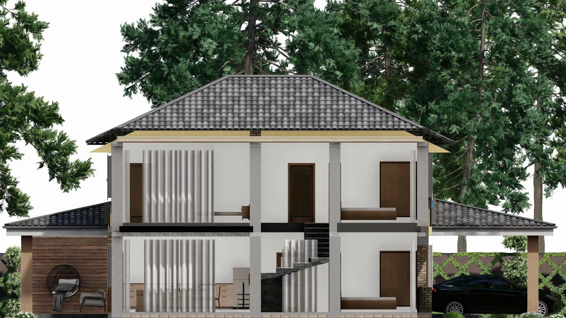 F-9278 - Проект двухэтажного дома 17 на 17, площадью 220 м² с террасой, гаражом на 1 машину и 4 спальнями