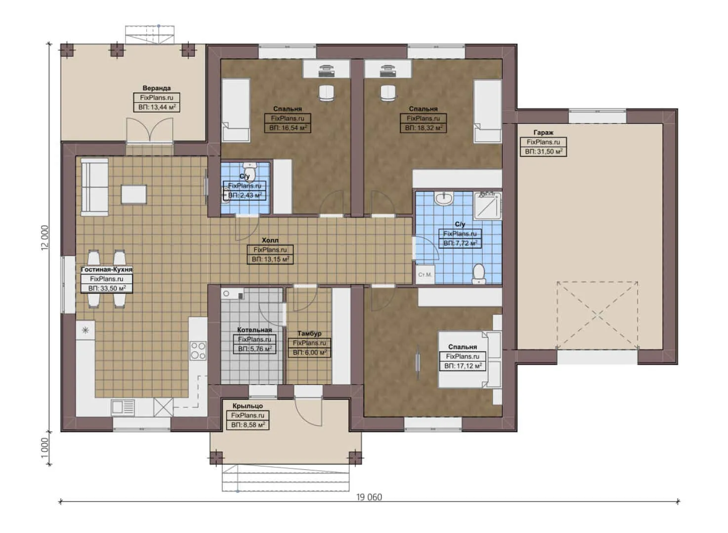 F-0269 - План одноэтажного дома 12 на 20, площадью 180 м² с террасой, гаражом на 1 машину и 3 спальнями