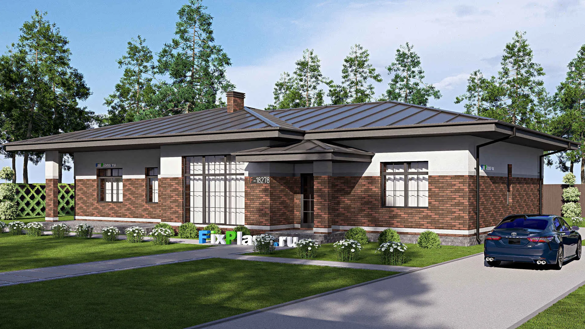 F-18278 - Проект одноэтажного дома 14 на 22, площадью 240 м² с террасой и 3 спальнями