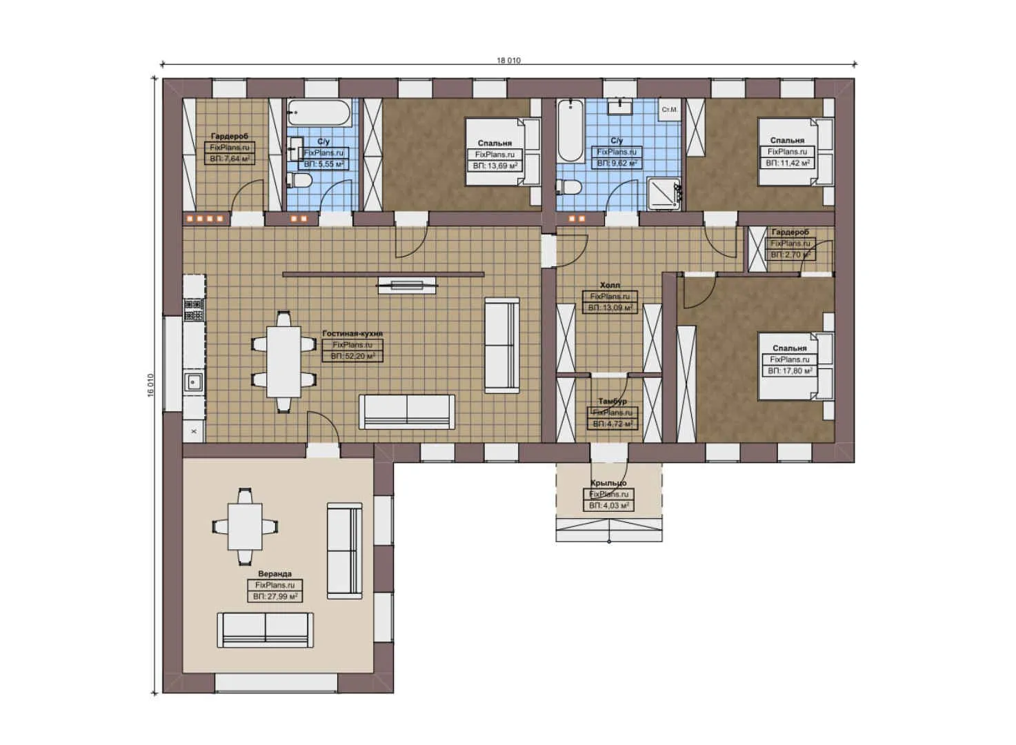 F-10250 - План одноэтажного дома 17 на 19, площадью 170 м² с террасой и 3 спальнями