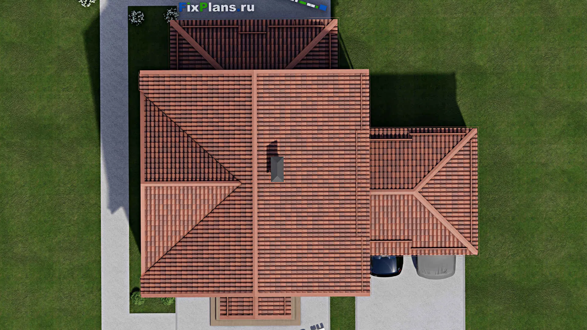 F-8252 - Проект дома с мансардой 11 на 11, площадью 250 м² с террасой, навесом для машины и 5 спальнями