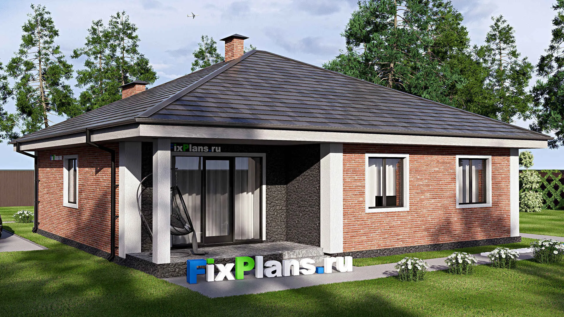 F-17891 - План одноэтажного дома 13 на 13, площадью 130 м² с террасой и 3 спальнями