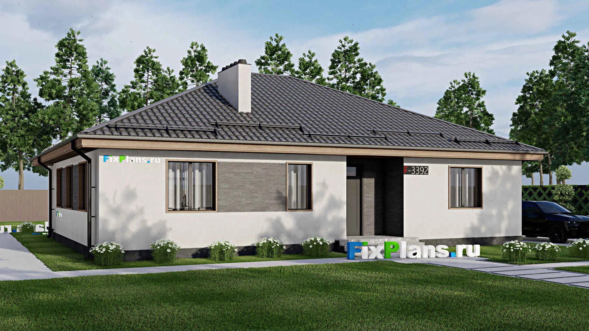 F-3392 - Проект одноэтажного дома 13 на 16, площадью 160 м² с террасой и 3 спальнями