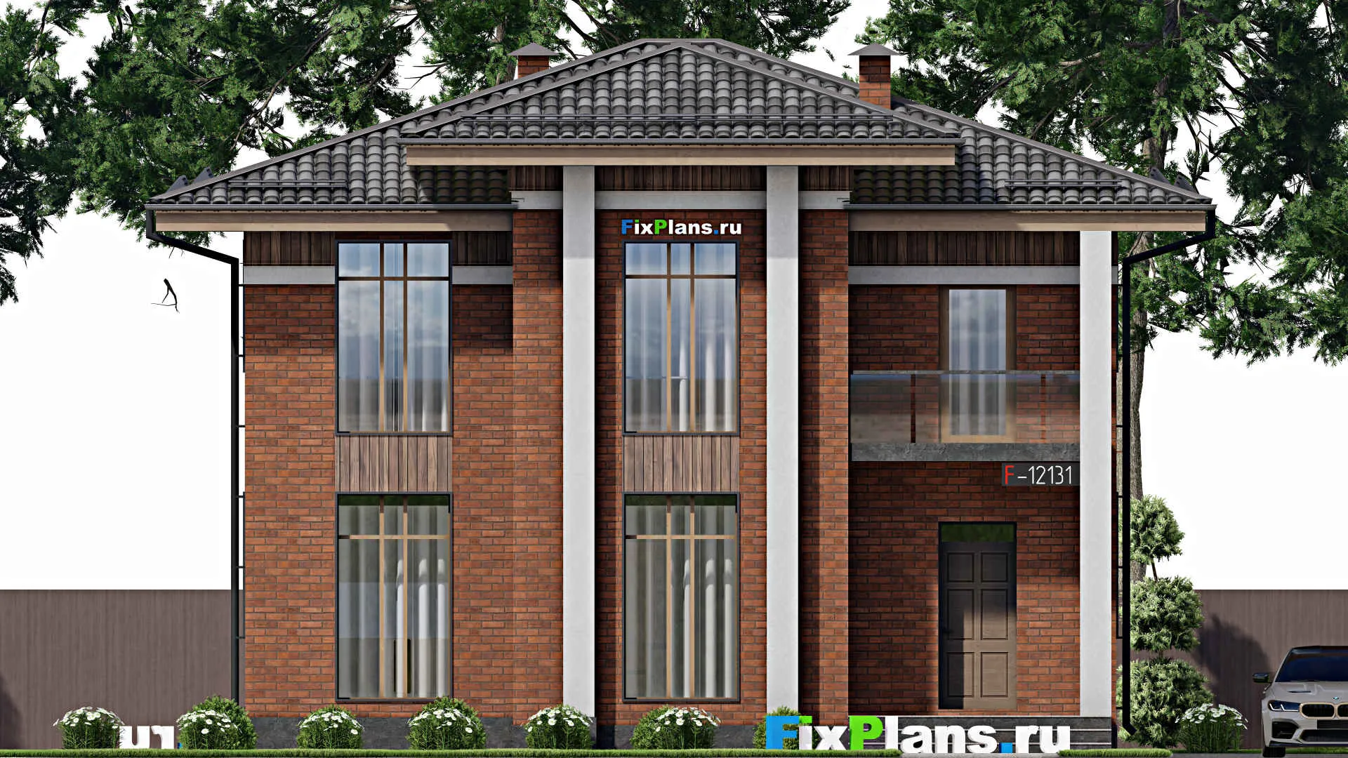 F-12131 - Планы двухэтажного дома 12 на 12, площадью 180 м² с балконом и 4 спальнями