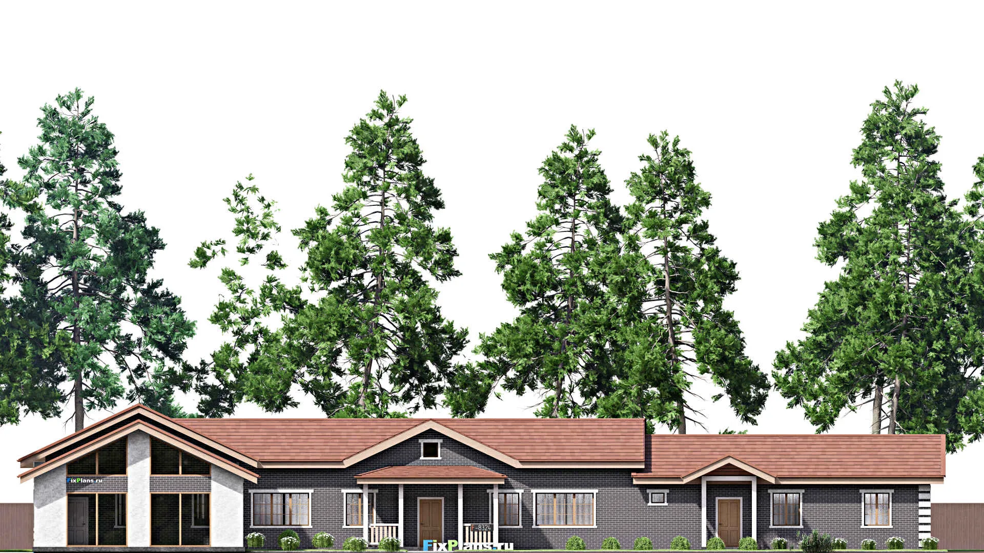 F-8324 - Проект одноэтажного дома 19 на 40, площадью 300 м² с террасой, гаражом на 2 машины и 5 спальнями