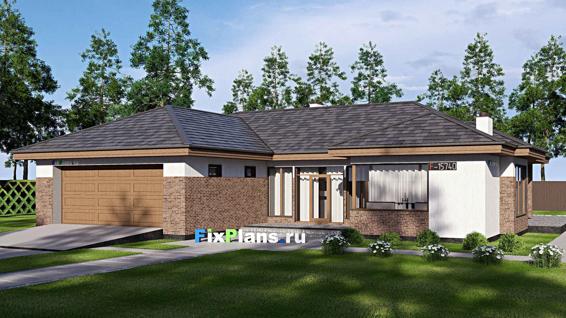 F-15740 - Проект одноэтажного дома 22 на 25, площадью 360 м² с террасой, гаражом на 2 машины и 3 спальнями