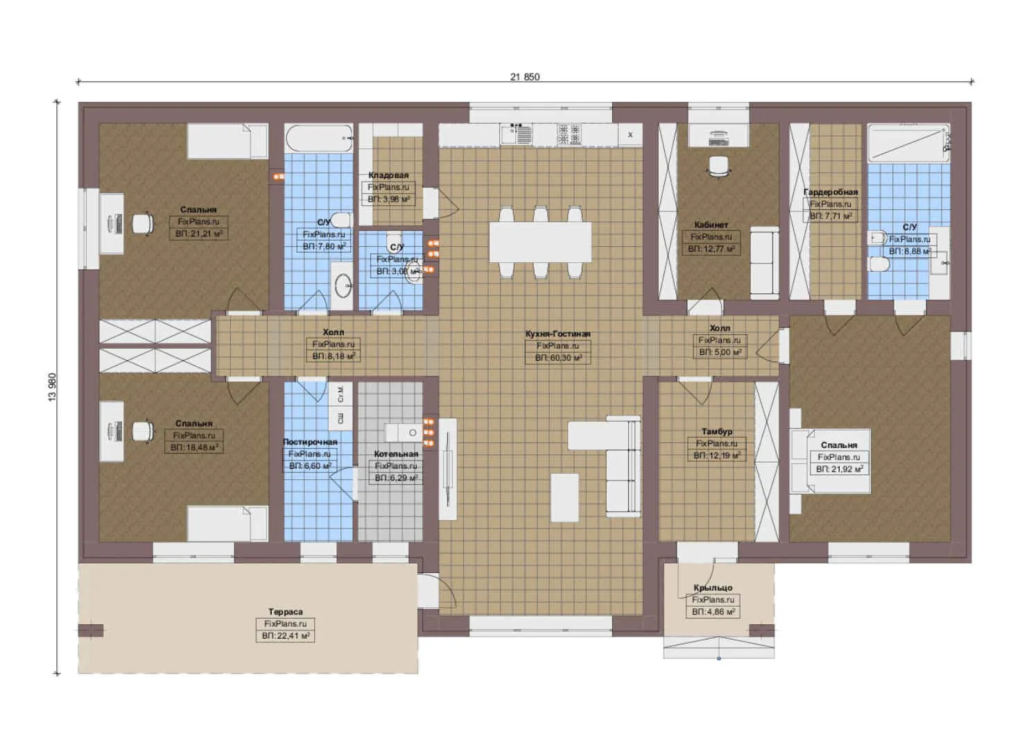F-18278 - План одноэтажного дома 14 на 22, площадью 240 м² с террасой и 3 спальнями