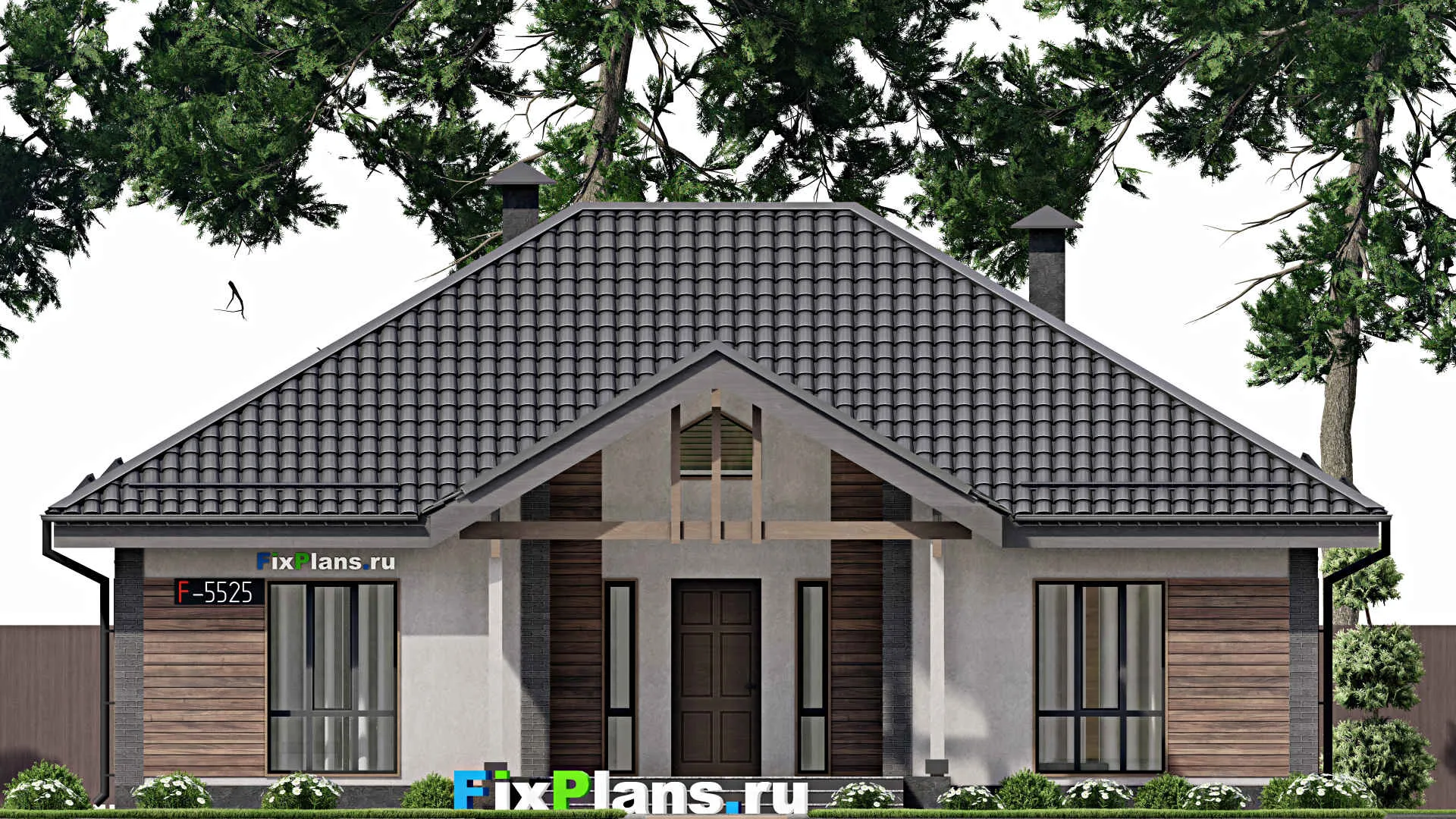 F-5525 - Проект одноэтажного дома 11 на 14, площадью 130 м² с террасой и 3 спальнями