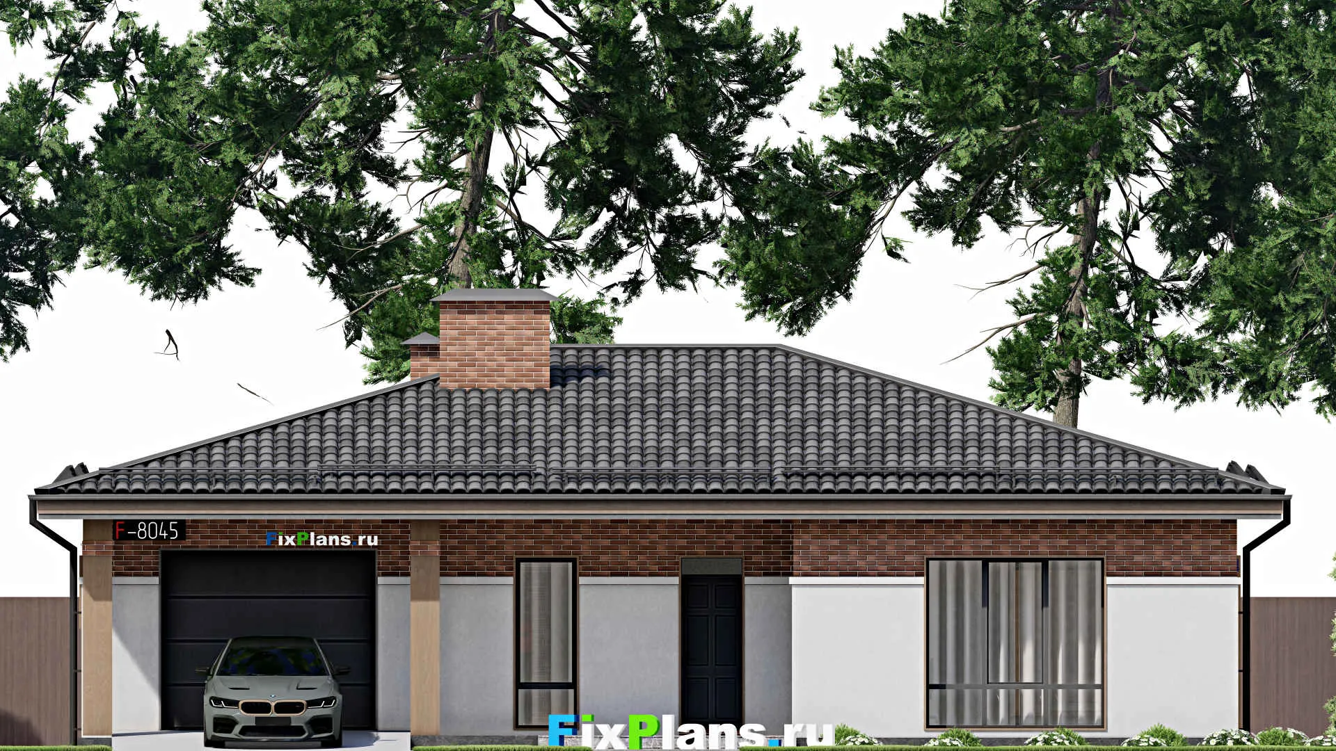 F-8045 - Проект одноэтажного дома 13 на 16, площадью 170 м² с террасой, гаражом на 1 машину и 3 спальнями