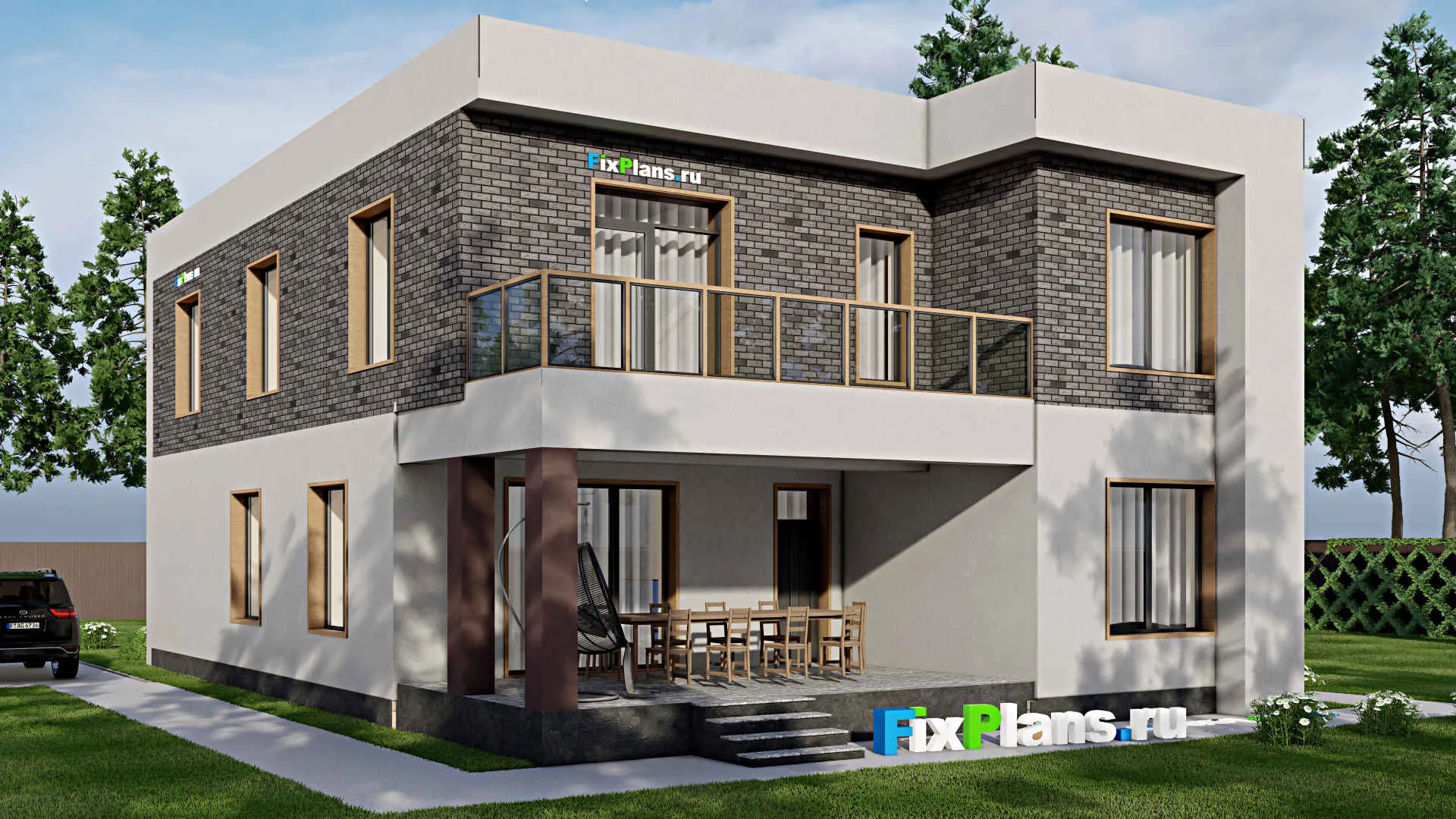 F-8612 - Проект двухэтажного дома 12 на 19, площадью 290 м² с террасой, балконом и 7 спальнями