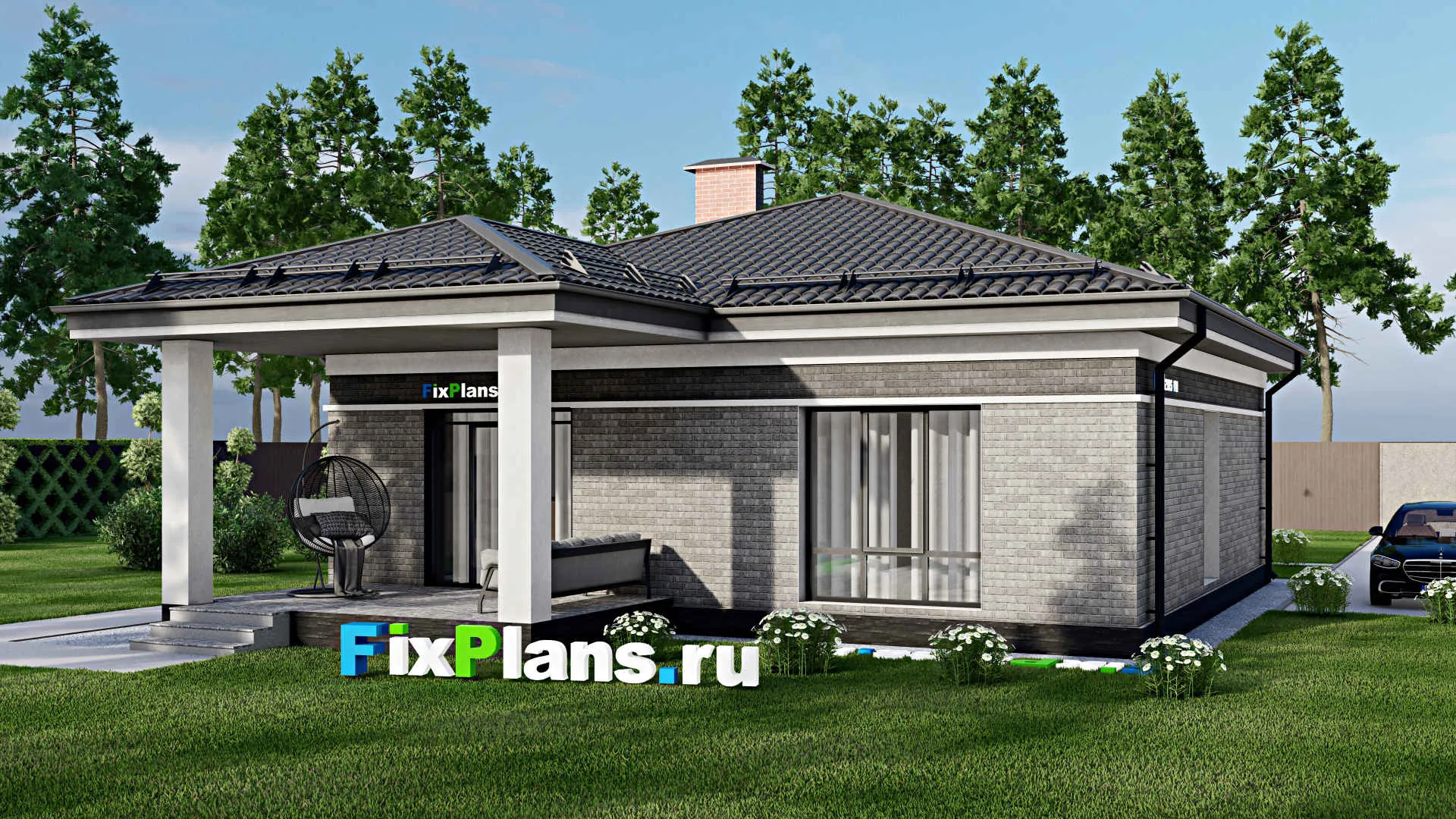 F-2528 - Проект одноэтажного дома 11 на 11, площадью 110 м² с террасой и 3 спальнями