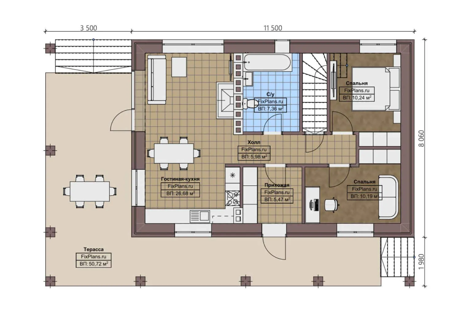 F-0980 - План одноэтажного дома 9 на 12, площадью 120 м² с террасой и 2 спальнями