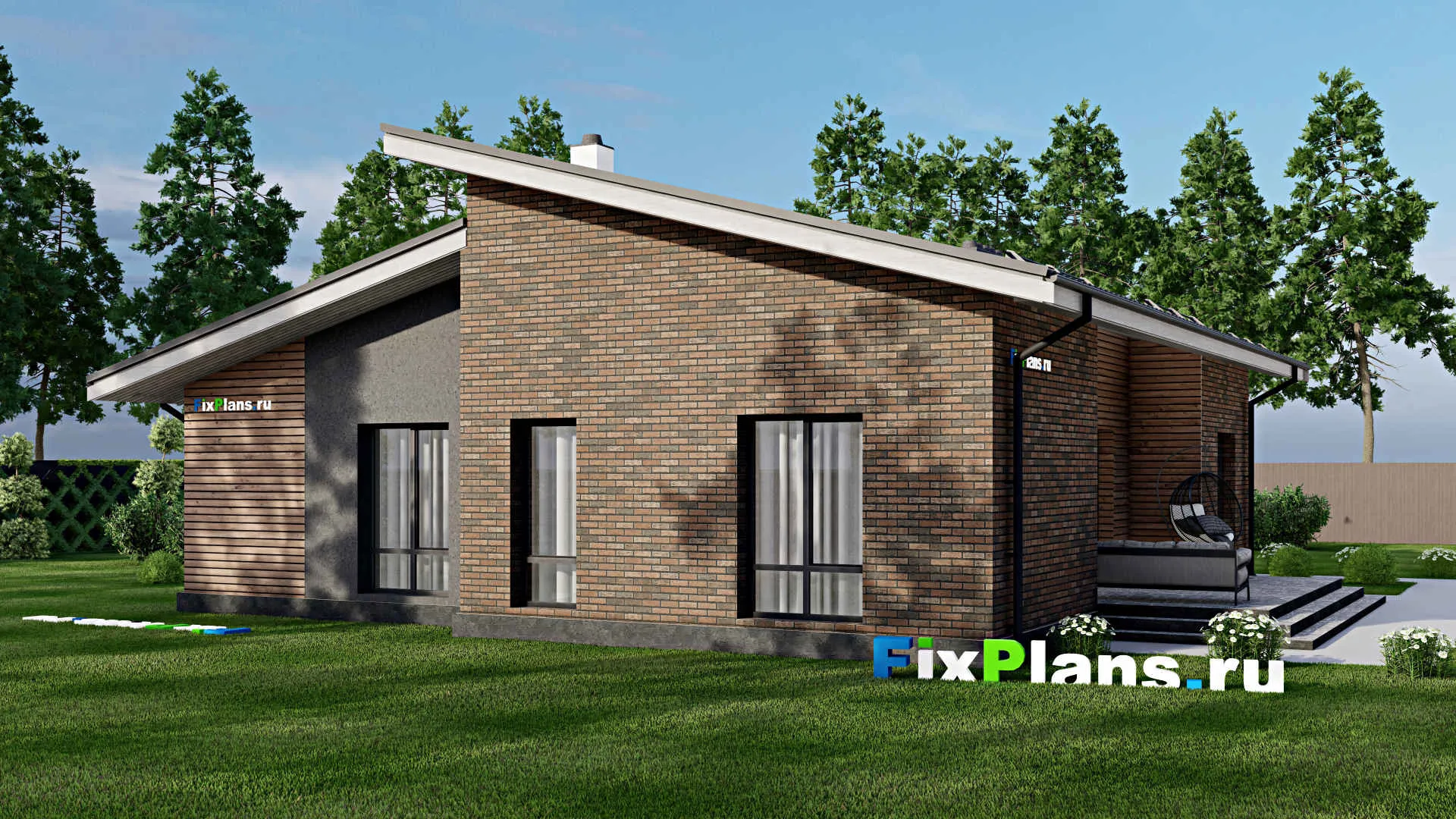 F-2591 - Проект одноэтажного дома 13 на 15, площадью 160 м² с террасой и 3 спальнями