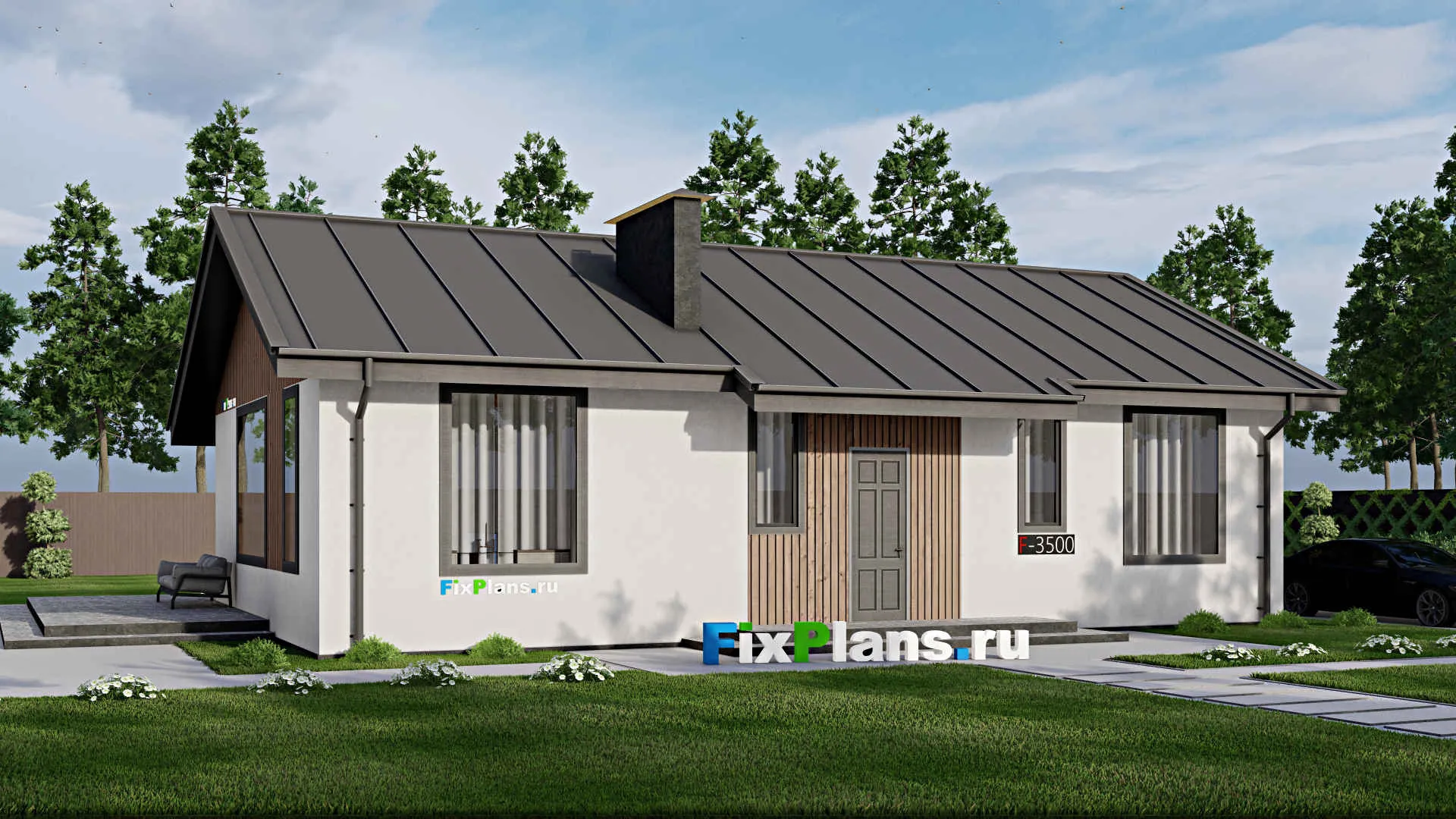 F-3500 - Проект одноэтажного дома 10 на 16, площадью 160 м² с террасой и 3 спальнями