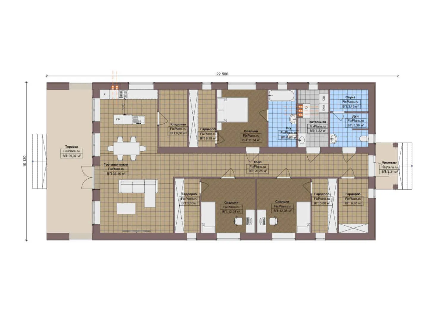F-13112 - План одноэтажного дома 11 на 23, площадью 190 м² с террасой, баней и 3 спальнями