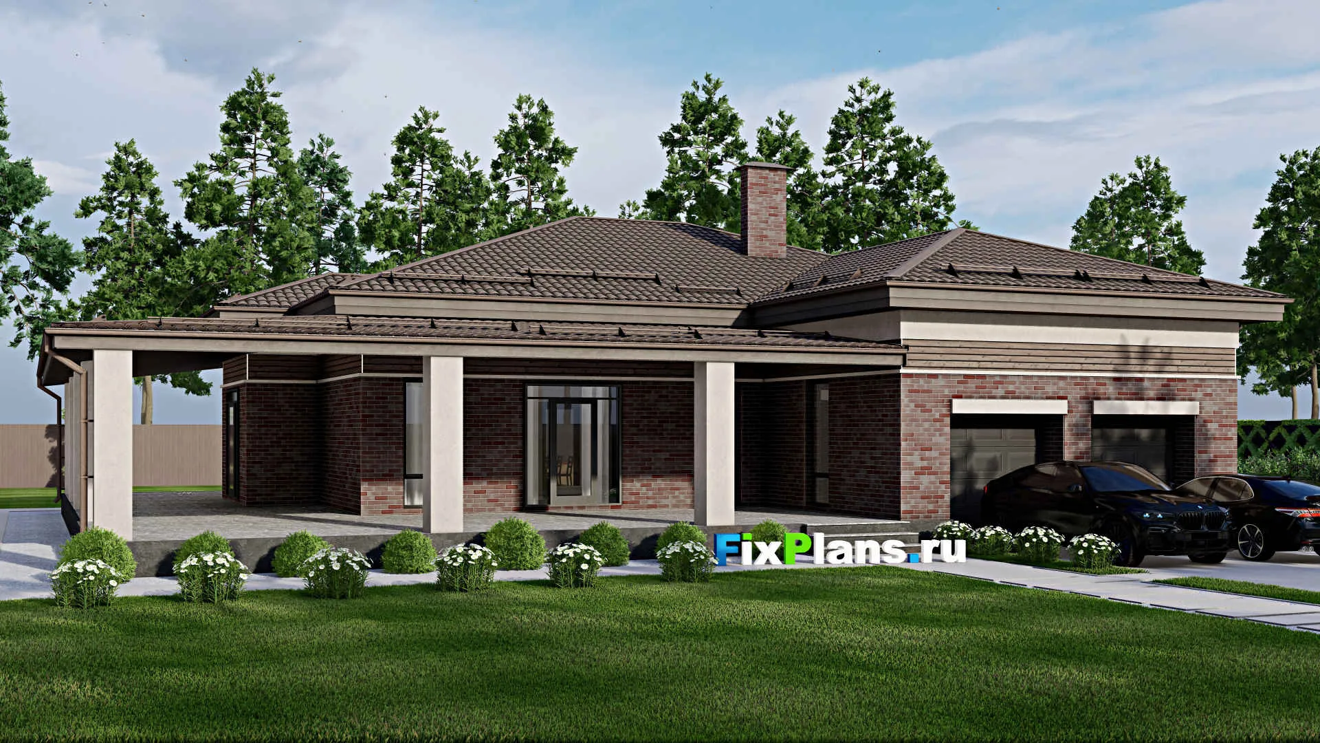 F-2465 - Проект одноэтажного дома 19 на 21, площадью 340 м² с террасой, гаражом на 2 машины и 3 спальнями