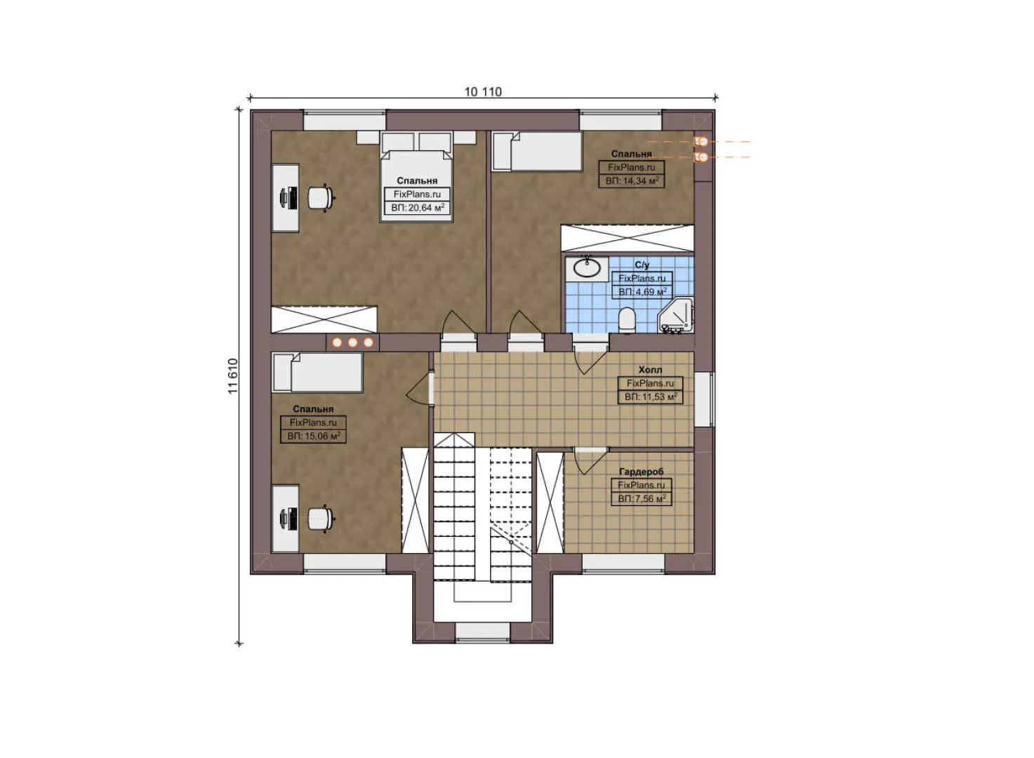 F-6830 - Планы дома с мансардой 12 на 12, площадью 180 м² с террасой и 4 спальнями