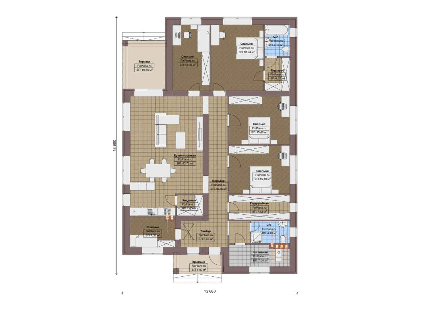 F-19565 - План одноэтажного дома 13 на 19, площадью 190 м² с террасой и 5 спальнями