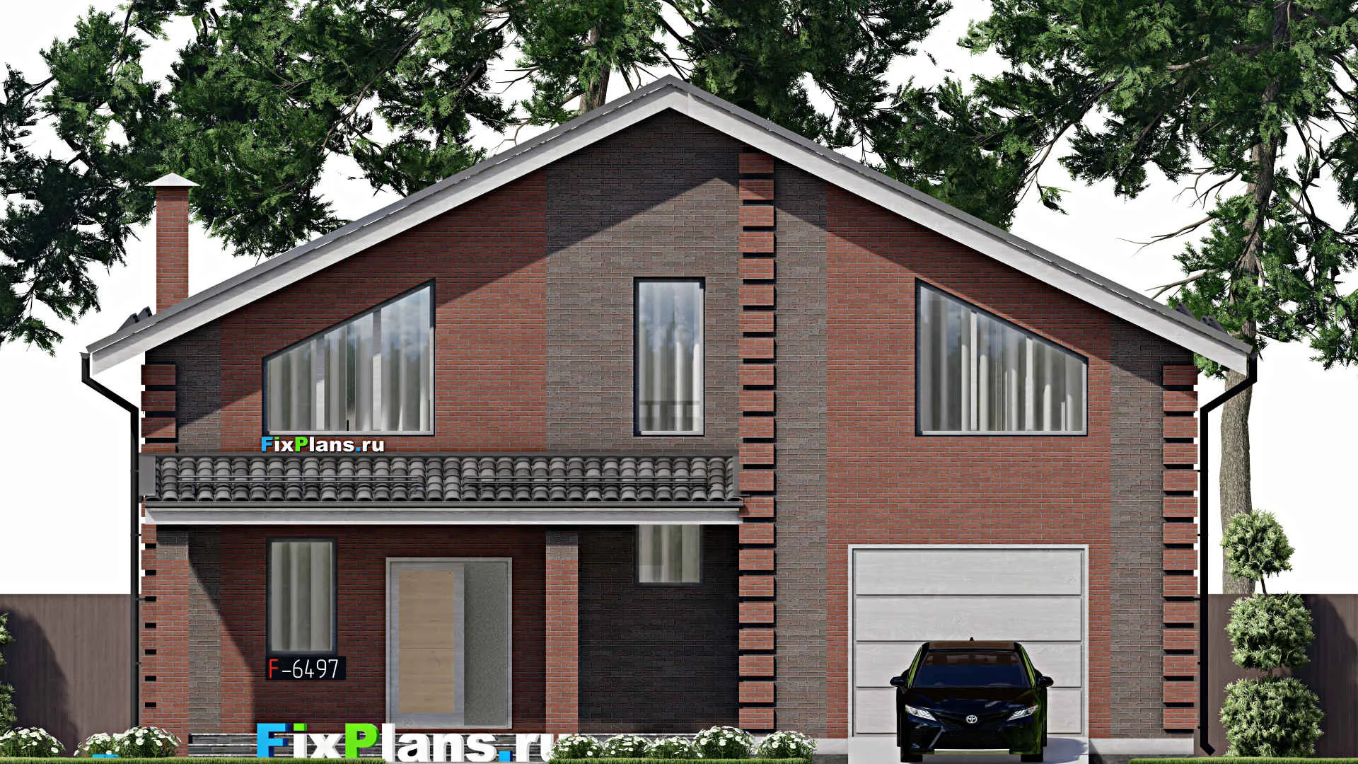 F-6497 - Проект дома с мансардой 14 на 14, площадью 250 м² с террасой, гаражом на 1 машину и 3 спальнями