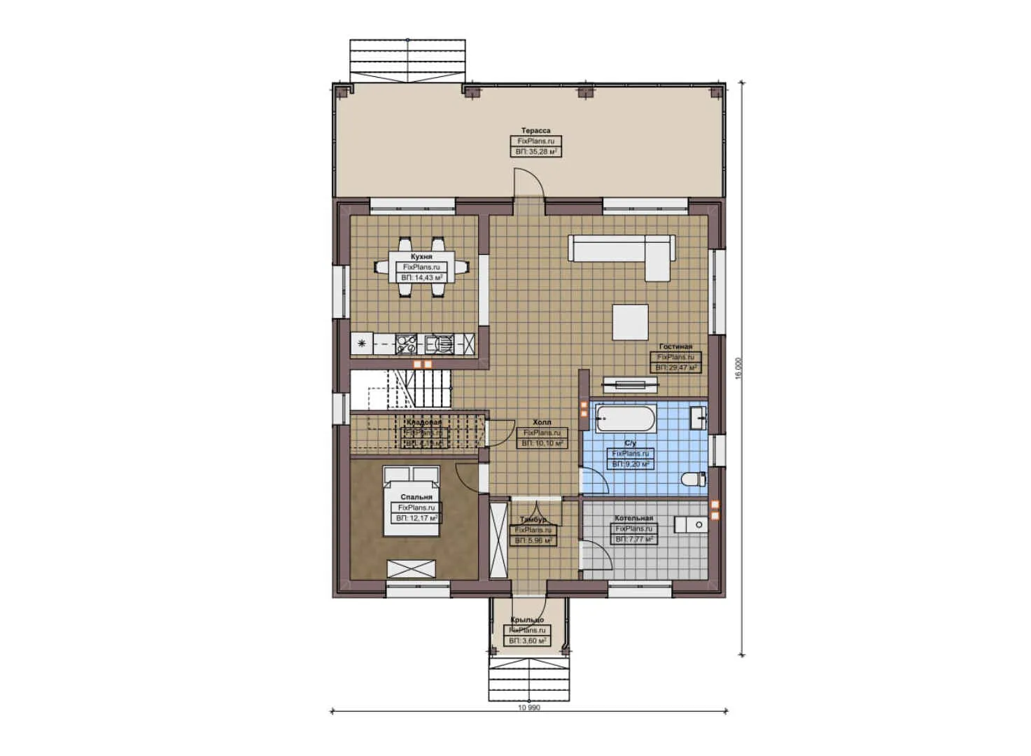 F-6425 - Планы дома с мансардой 11 на 16, площадью 220 м² с террасой и 5 спальнями