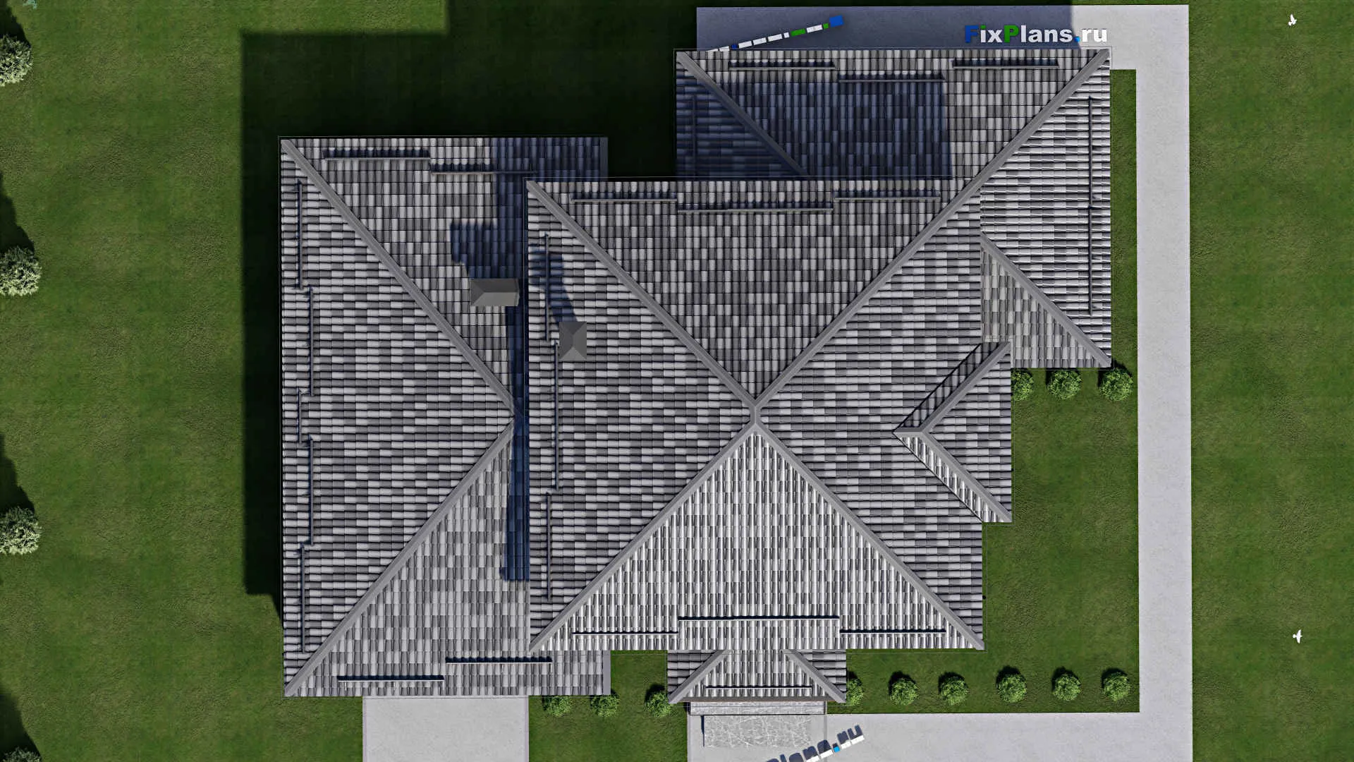 F-3482 - Проект двухэтажного дома 19 на 23, площадью 350 м² с террасой, гаражом на 2 машины и 5 спальнями