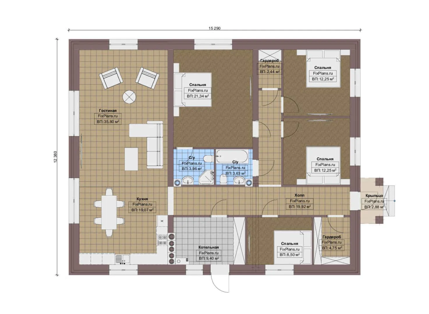 F-14489 - План одноэтажного дома 13 на 16, площадью 160 м² с 4 спальнями