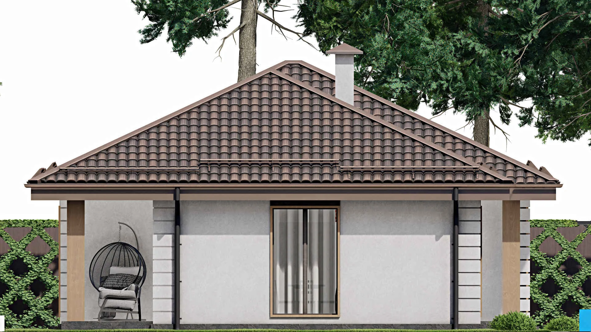 F-7766 - Проект одноэтажного дома 11 на 15, площадью 110 м² с террасой и 2 спальнями