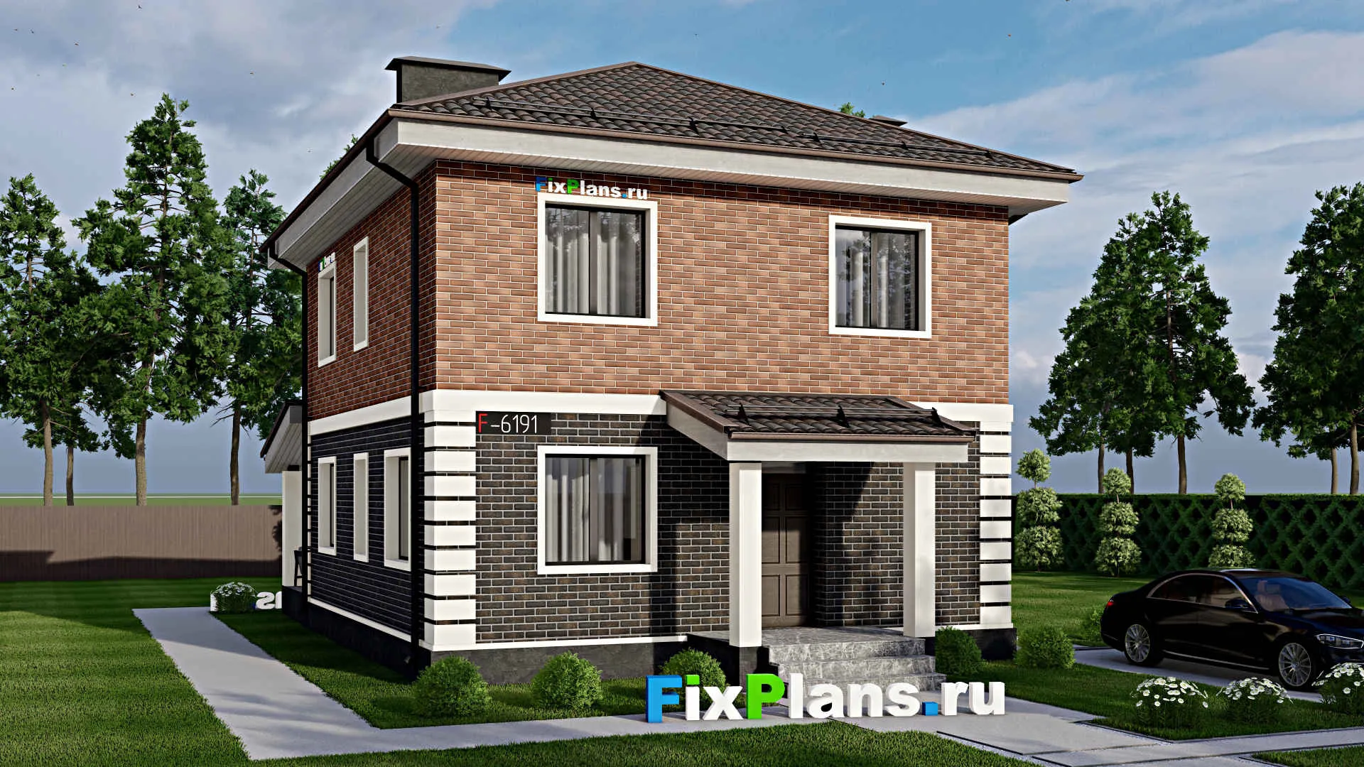 F-6191 - Проект двухэтажного дома 9 на 10, площадью 210 м² с террасой, цокольным этажом и 3 спальнями