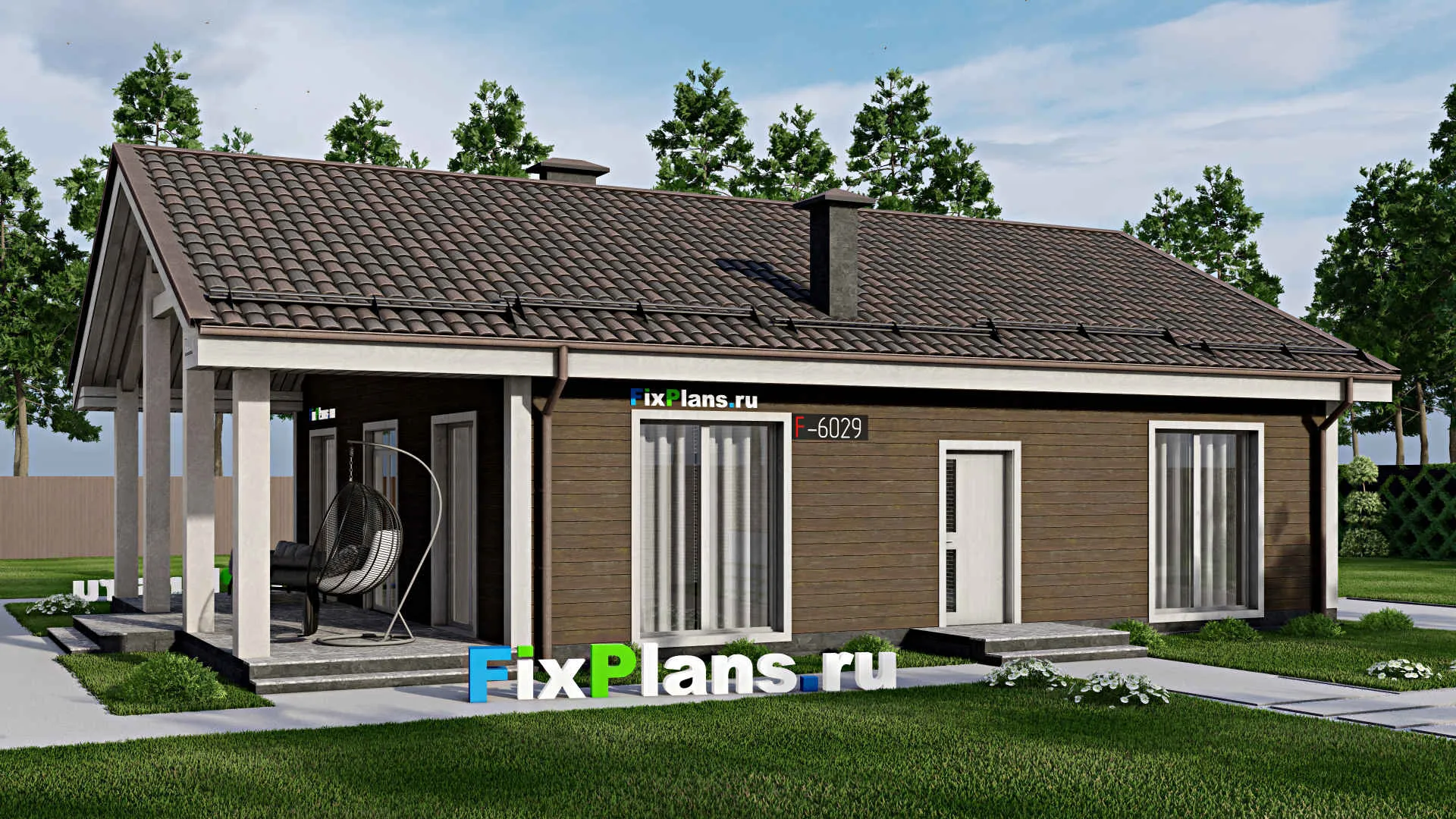 F-6029 - Проект одноэтажного дома 10 на 12, площадью 130 м² с террасой и 2 спальнями