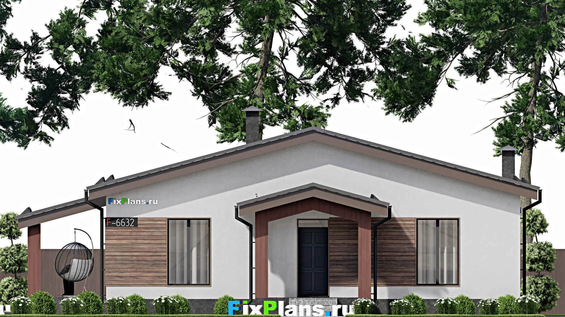 F-6632 - Проект одноэтажного дома 14 на 16, площадью 150 м² с террасой и 3 спальнями