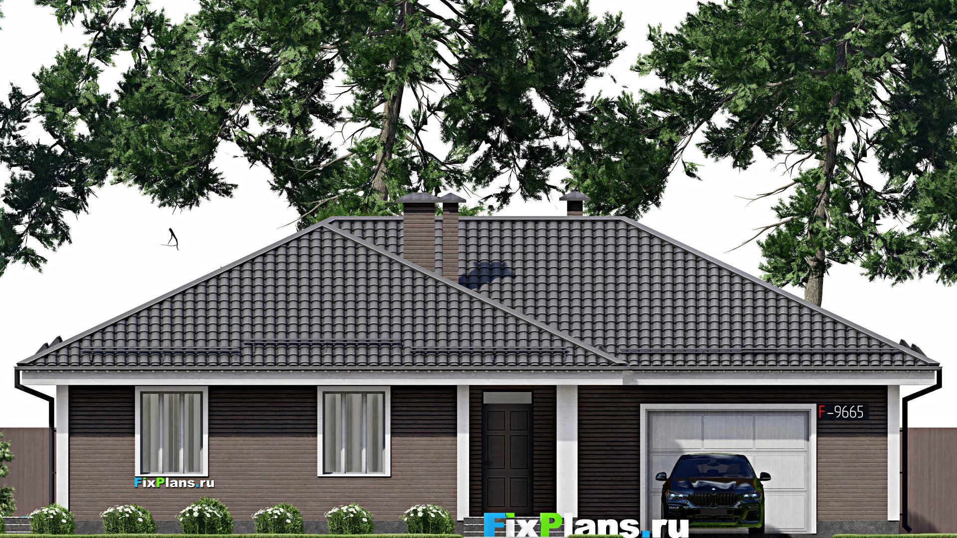 F-9665 - Проект одноэтажного дома 18 на 19, площадью 240 м² с террасой, гаражом на 1 машину и 3 спальнями