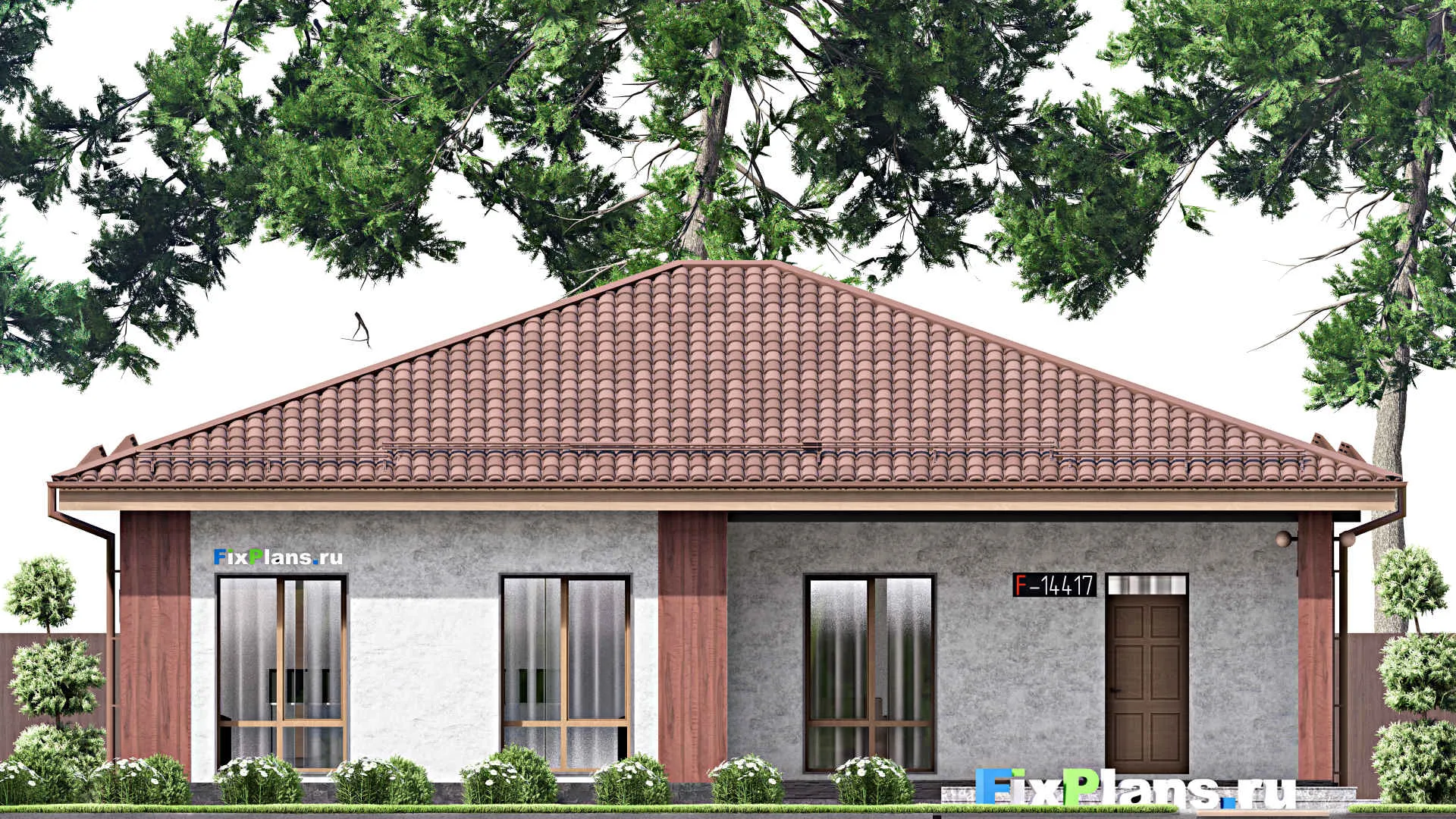 F-14417 - Проект одноэтажного дома 14 на 15, площадью 160 м² с террасой и 3 спальнями