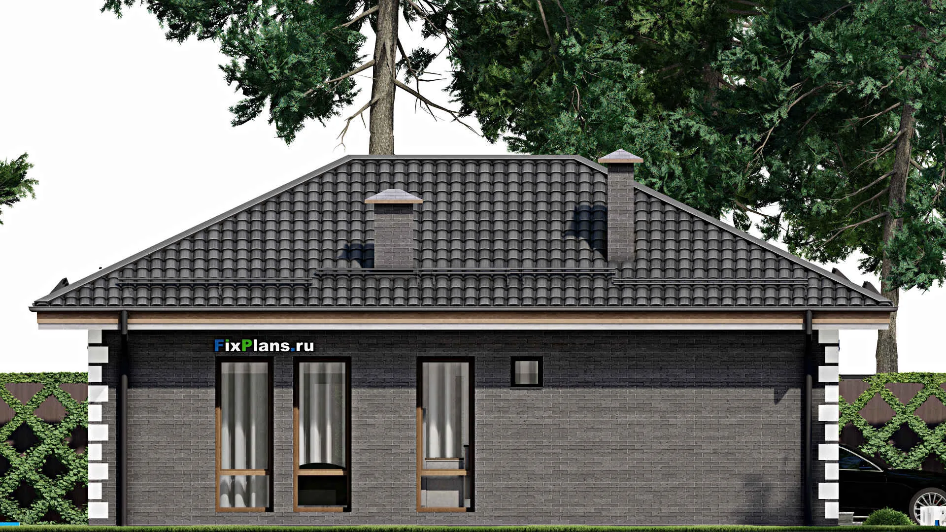 F-5570 - Проект одноэтажного дома 8 на 12, площадью 70 м² с террасой и 3 спальнями