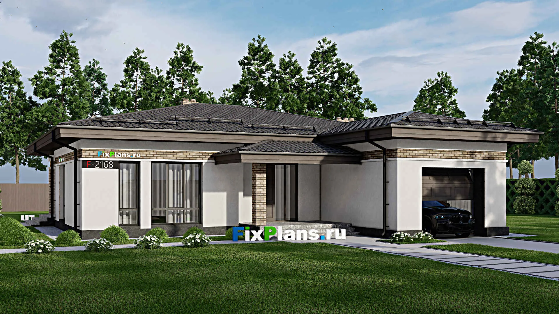 F-2168 - Проект одноэтажного дома 16 на 18, площадью 180 м² с террасой, баней, гаражом на 1 машину и 2 спальнями
