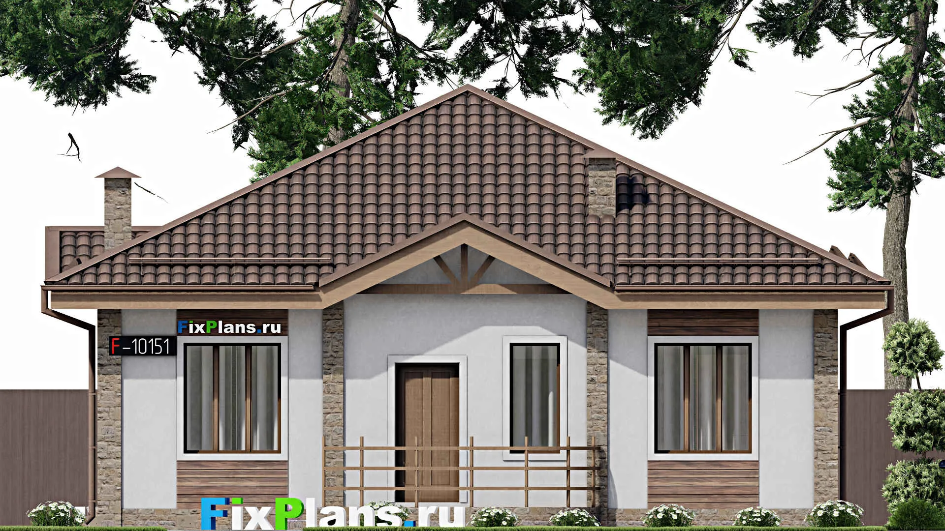 F-10151 - Проект одноэтажного дома 11 на 15, площадью 130 м² с террасой, баней и 3 спальнями
