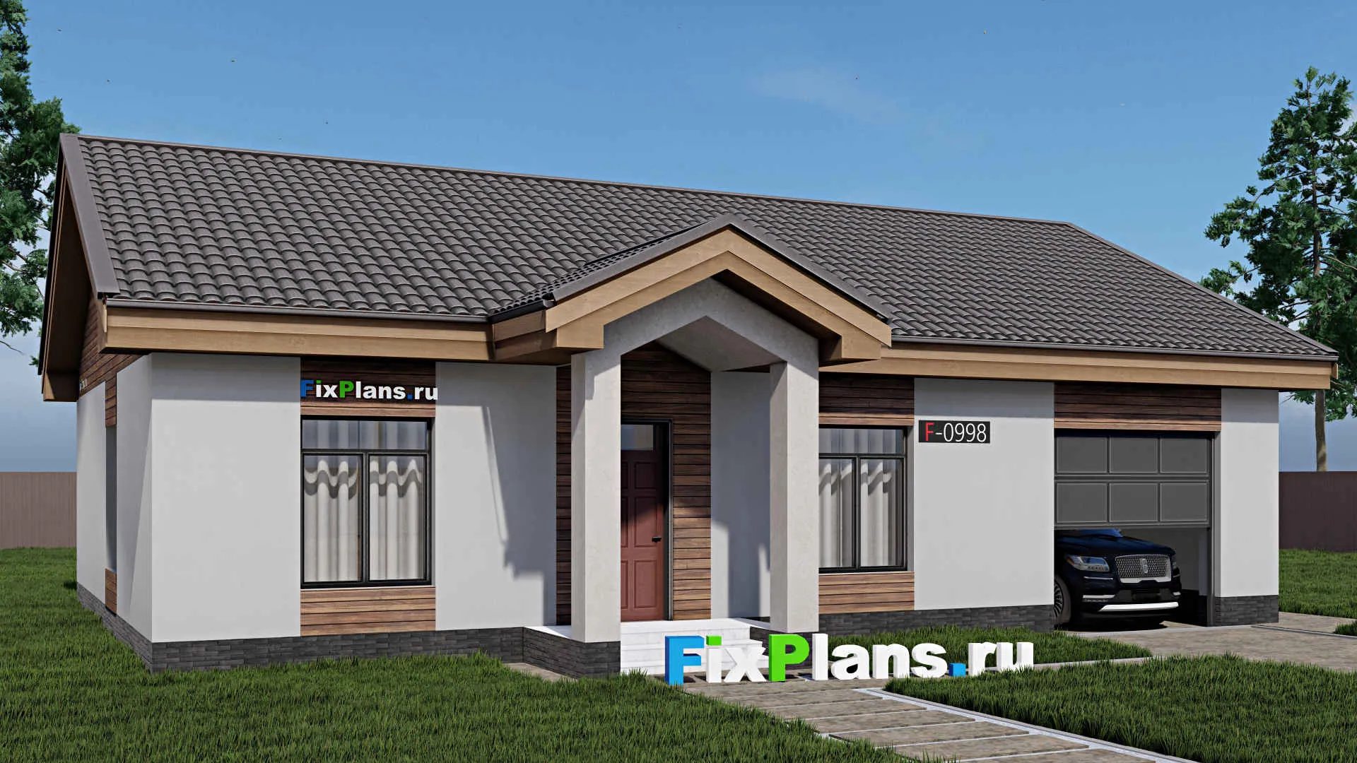 F-0998i - Проект одноэтажного дома 12 на 17, площадью 140 м² с гаражом на 1 машину и 3 спальнями