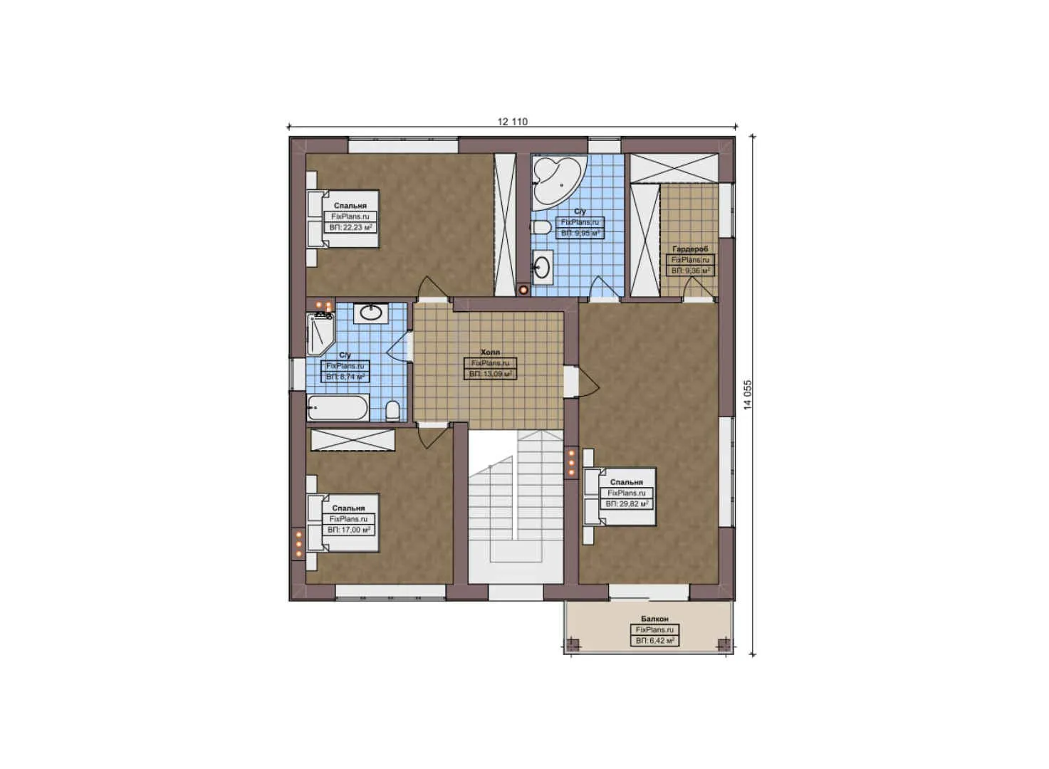 F-9584 - Планы двухэтажного дома 13 на 17, площадью 280 м² с террасой, балконом и 3 спальнями