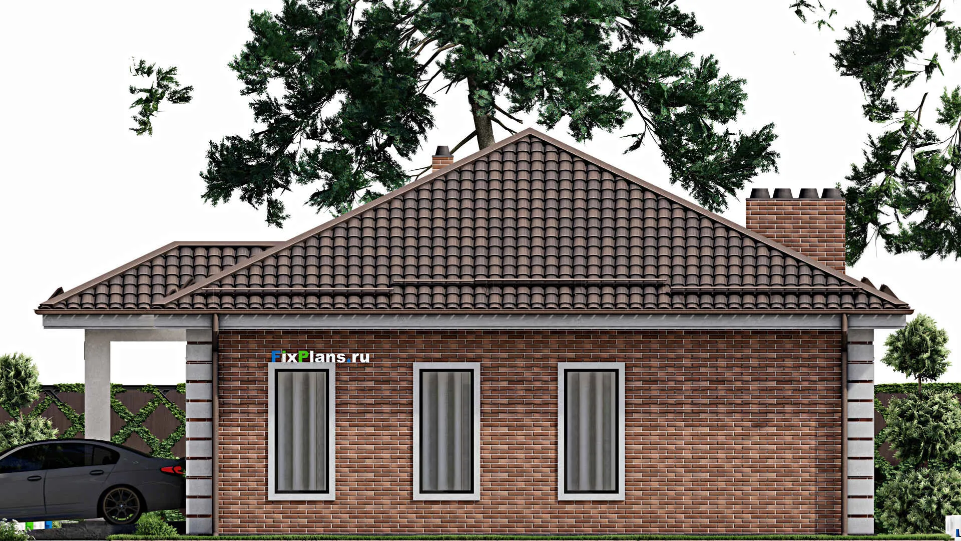 F-7928 - Проект одноэтажного дома 11 на 16, площадью 140 м² с баней, гаражом на 1 машину и 3 спальнями