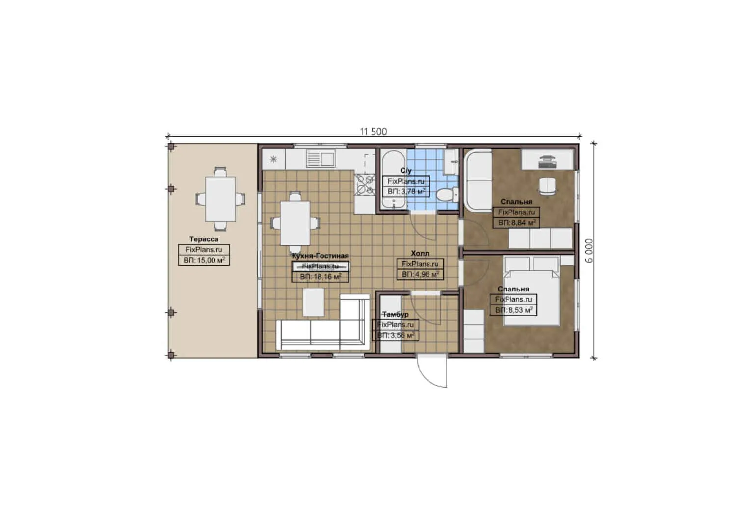 F-1133 - План одноэтажного дома 6 на 12, площадью 70 м² с террасой и 2 спальнями