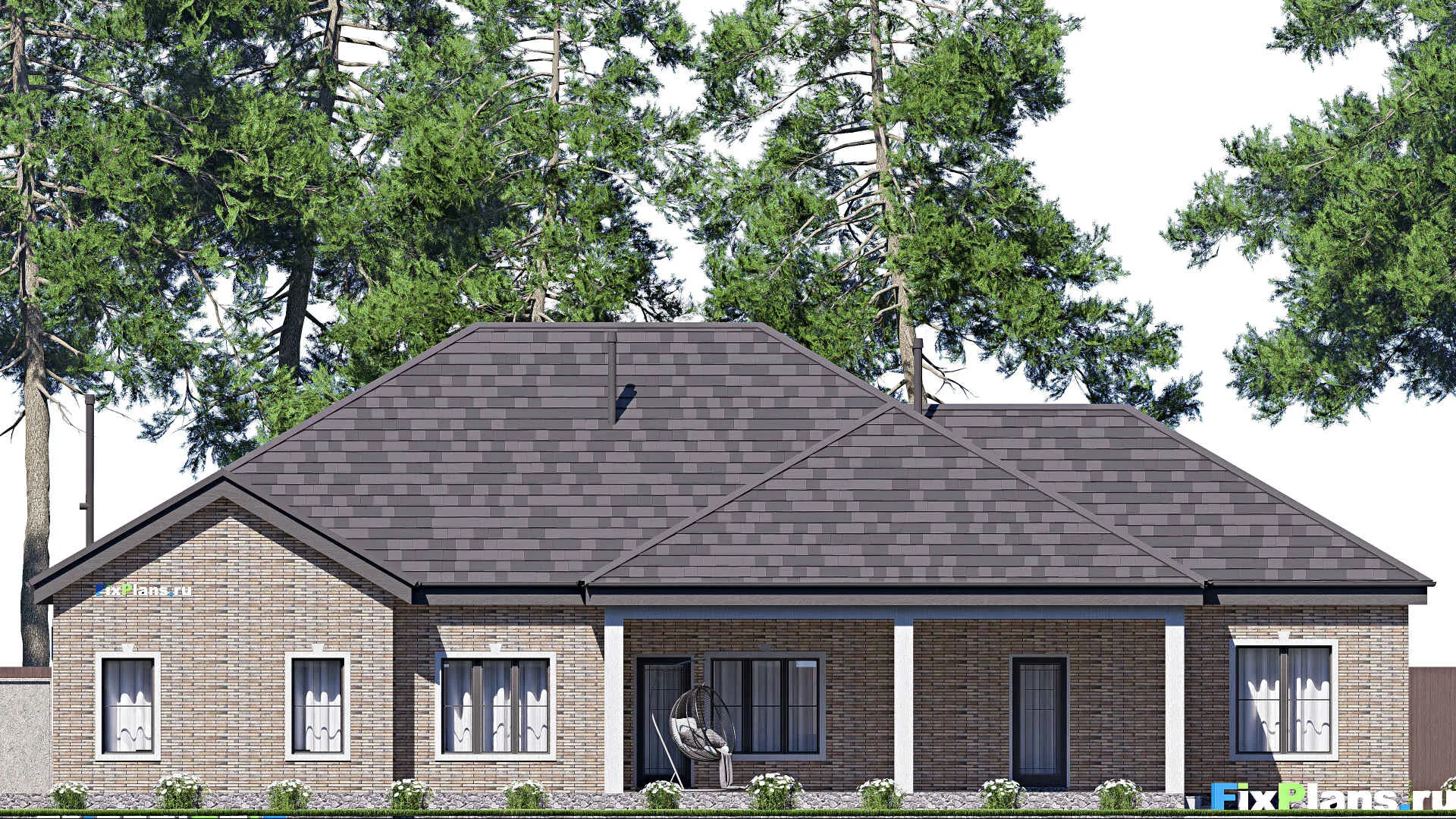 F-20663 - Проект одноэтажного дома 20 на 22, площадью 270 м² с террасой, гаражом на 2 машины и 4 спальнями