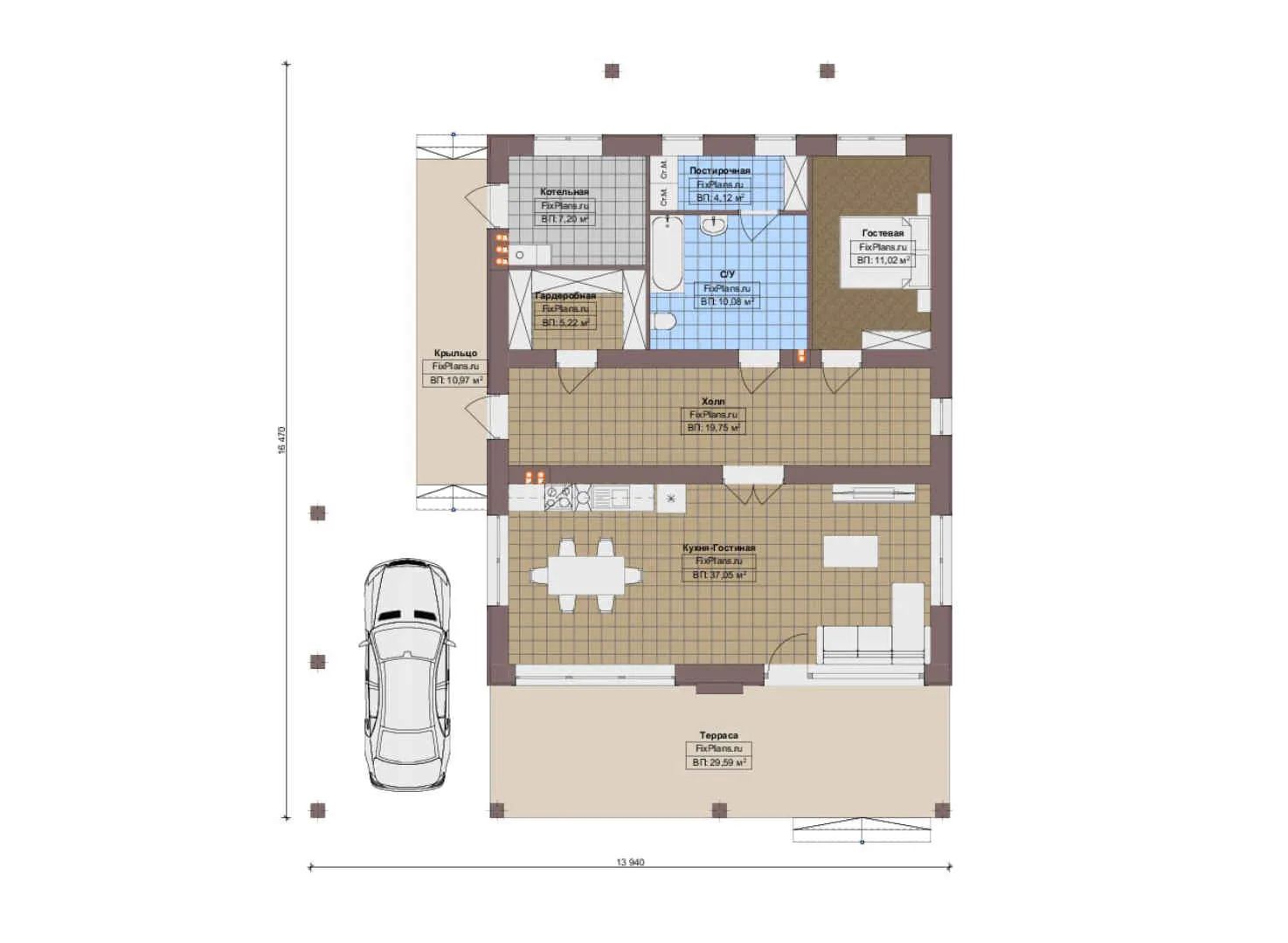 F-18530 - Планы дома с мансардой 14 на 17, площадью 240 м² с террасой, балконом и 3 спальнями