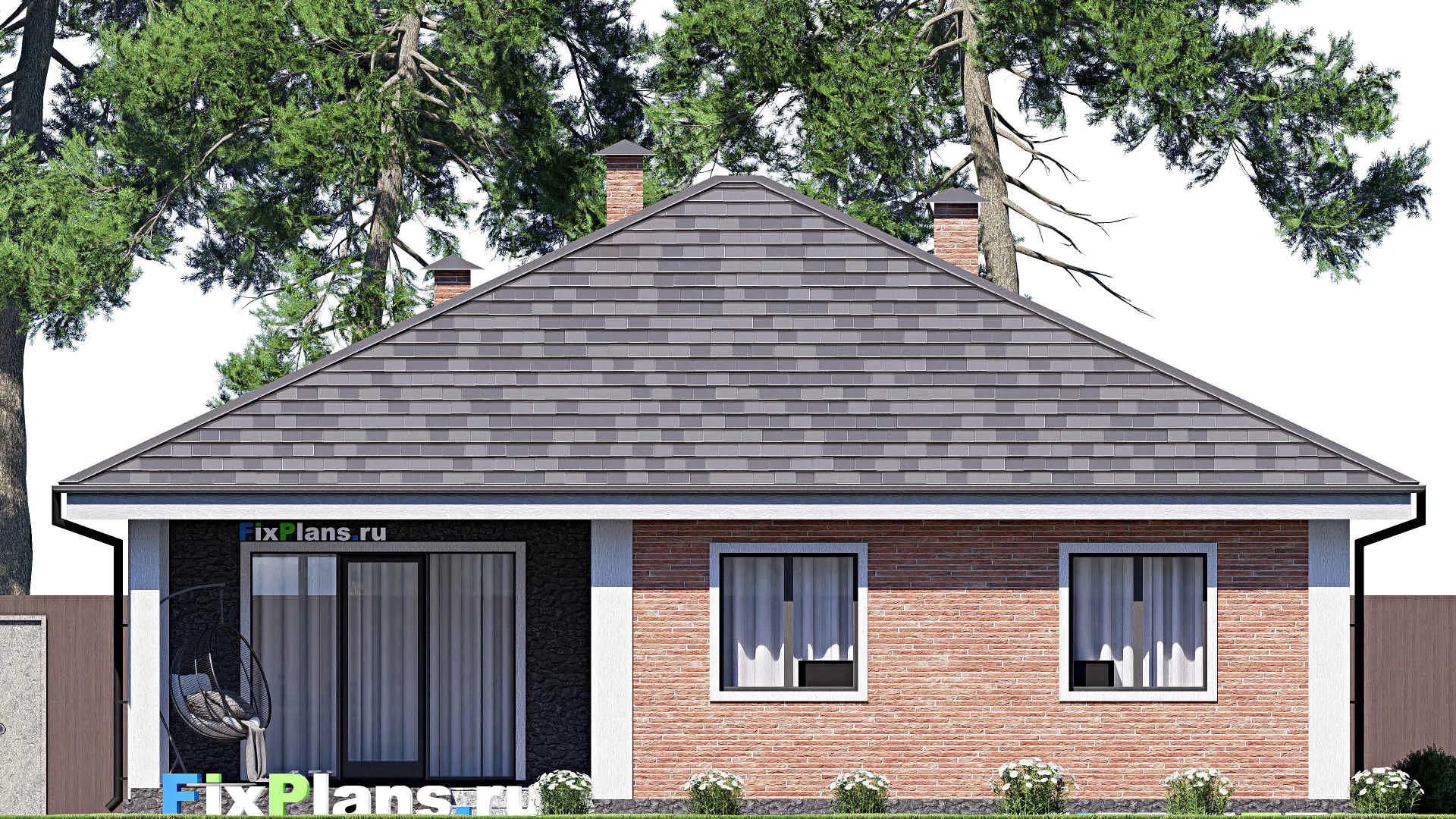 F-17891 - План одноэтажного дома 13 на 13, площадью 130 м² с террасой и 3 спальнями