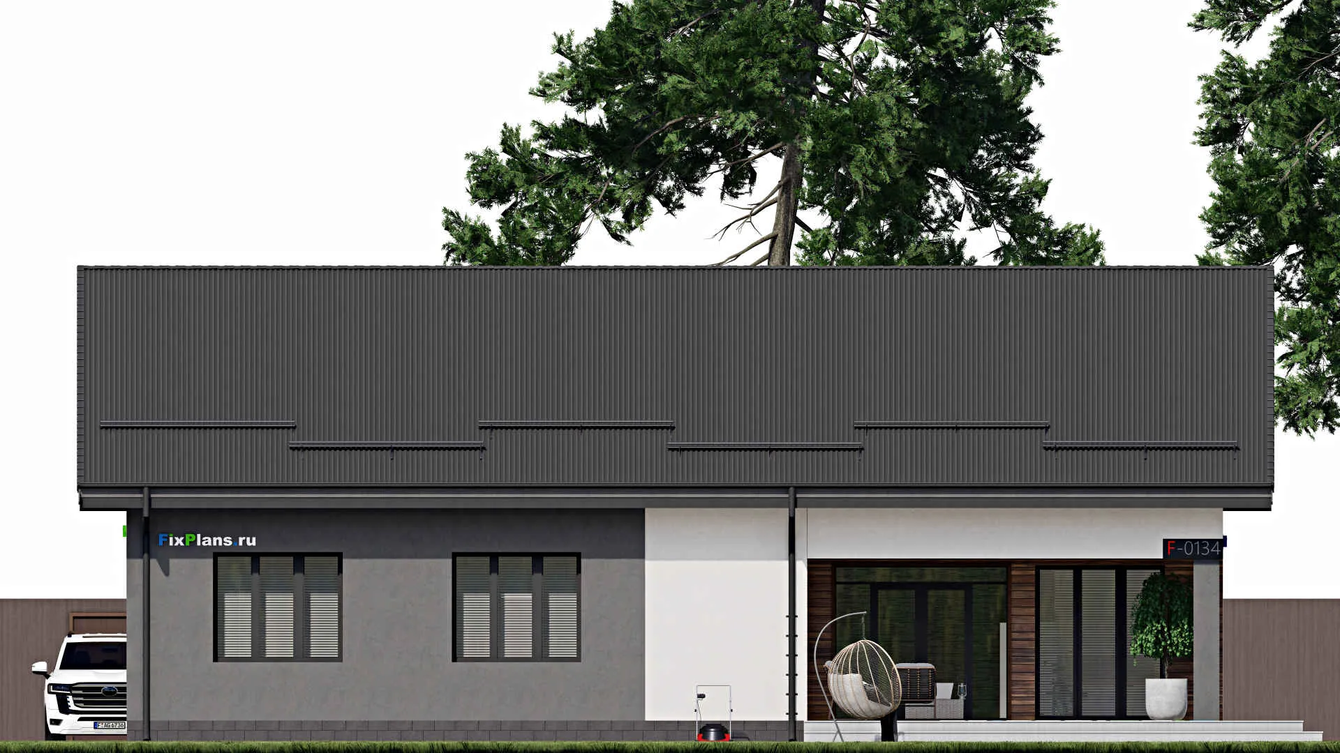 F-0134 - Проект одноэтажного дома 13 на 17, площадью 200 м² с террасой и 4 спальнями